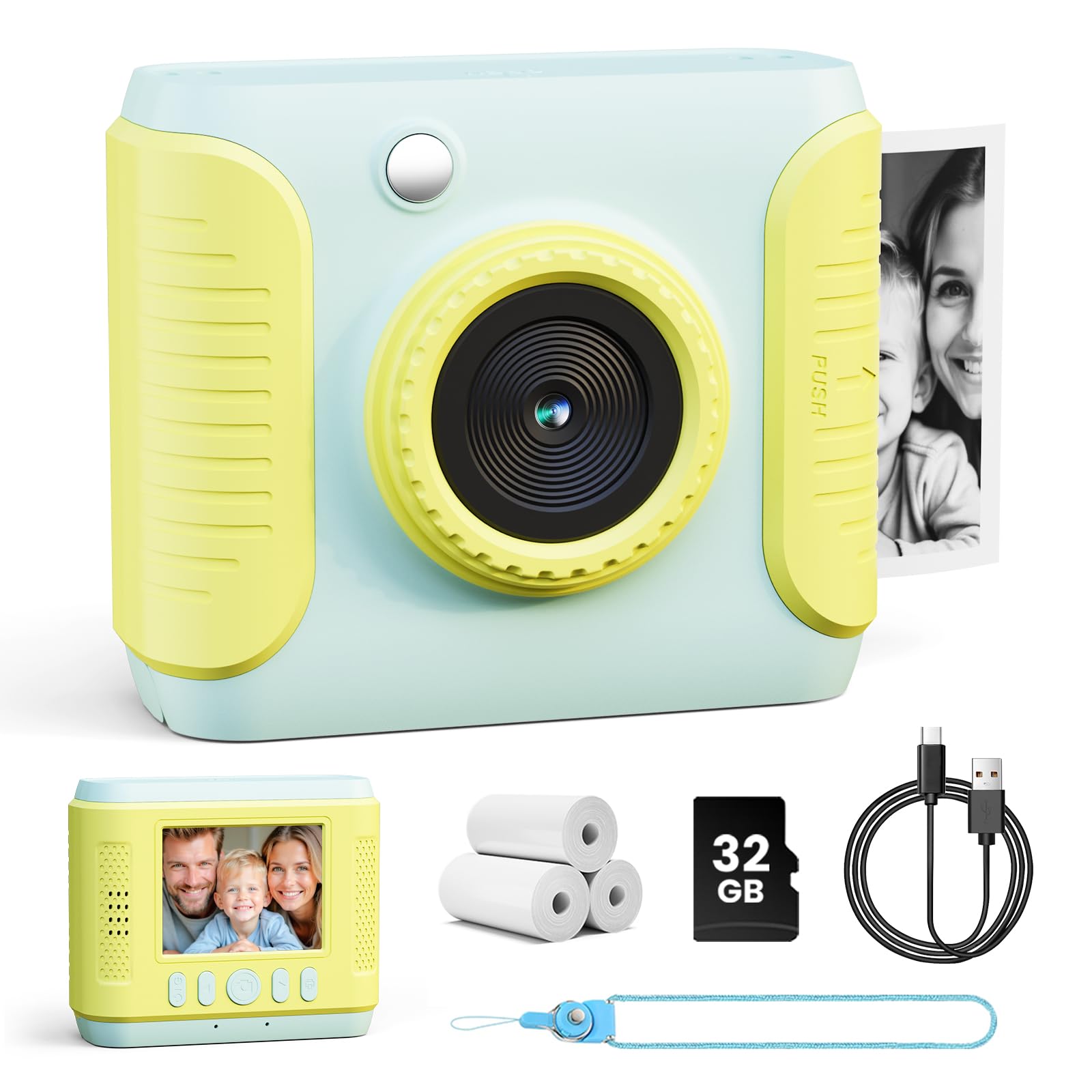 CalineGam Macchina Fotografica Bambini Istantanea, HD 1080P Fotocamera Istantanea per Bambini con Scheda 32G e Carta Fotografica, Regalo per Ragazze Ragazzi da 3-12 Anni (Verde)