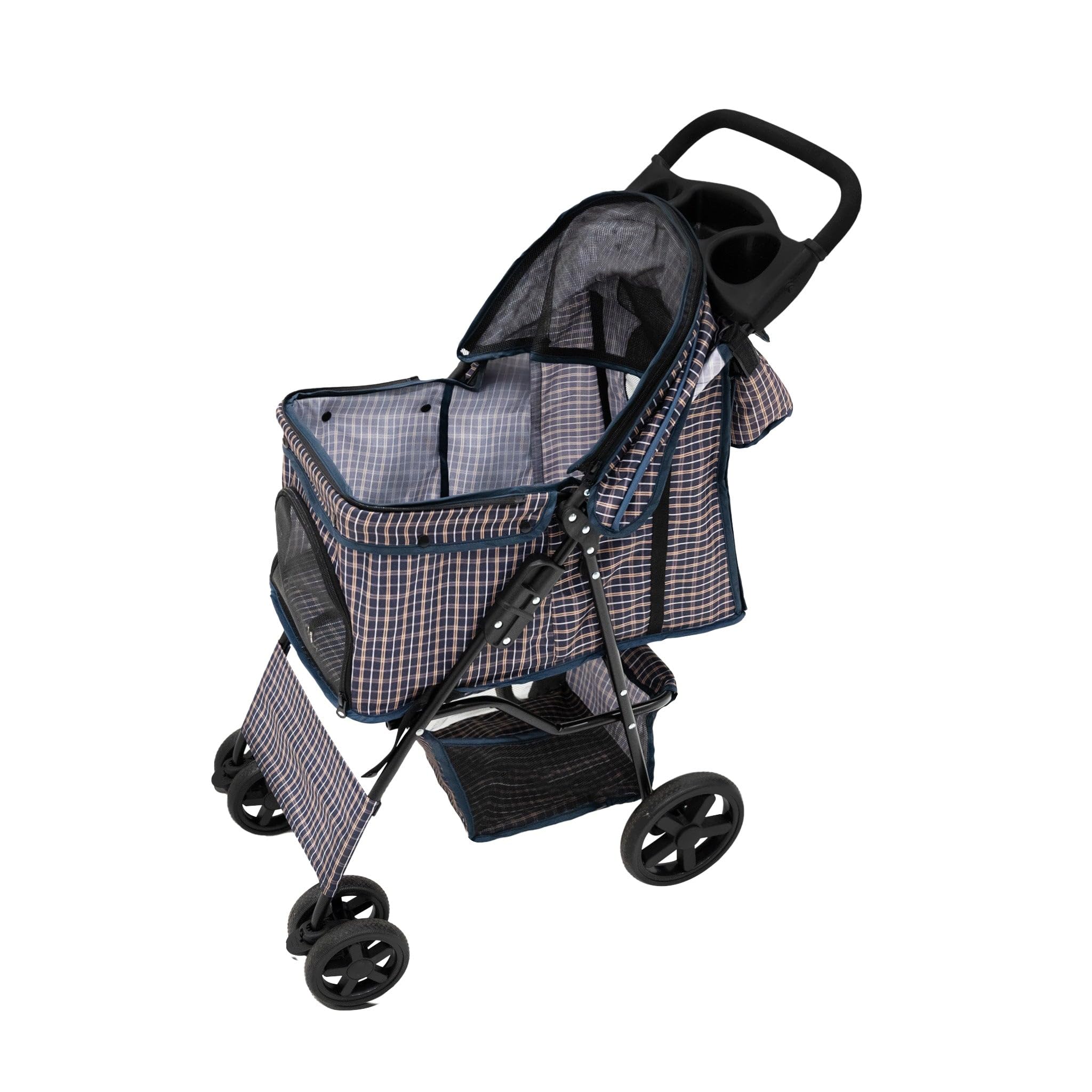 Monstershop Unisex Blue Pet Stroller With Rain Cover & Caddy Bag - Tartan 65Cm