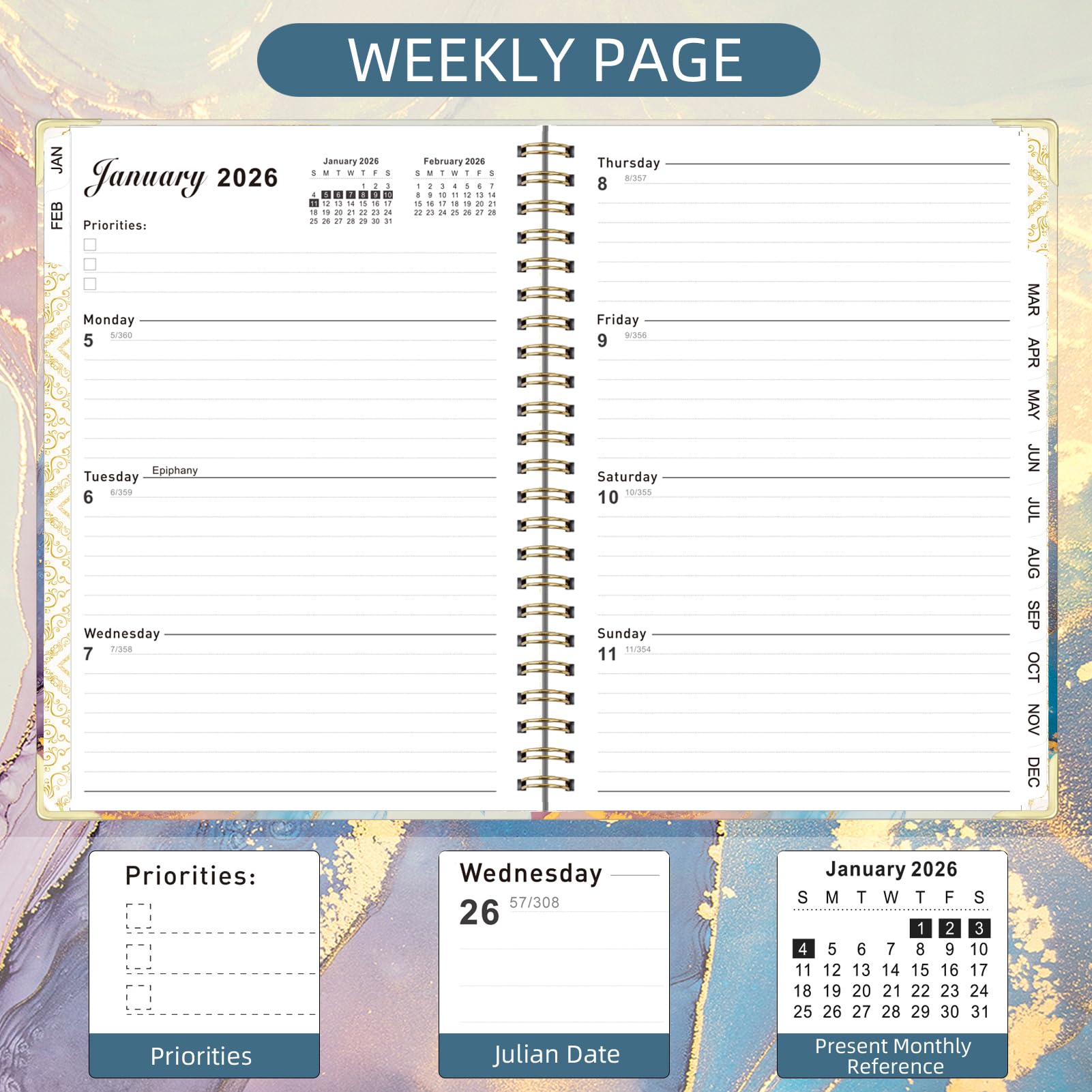 Knagsfa 2026 Planner, Jan.2026 - Dec.2026 Weekly Monthly Planner 6.25"x8.5" with Page Tabs, Calendar Hardcover with Inner Pocket, Elastic Band, Twin-Wire Binding, Bookmark, Blue Gold Marble - Image 4