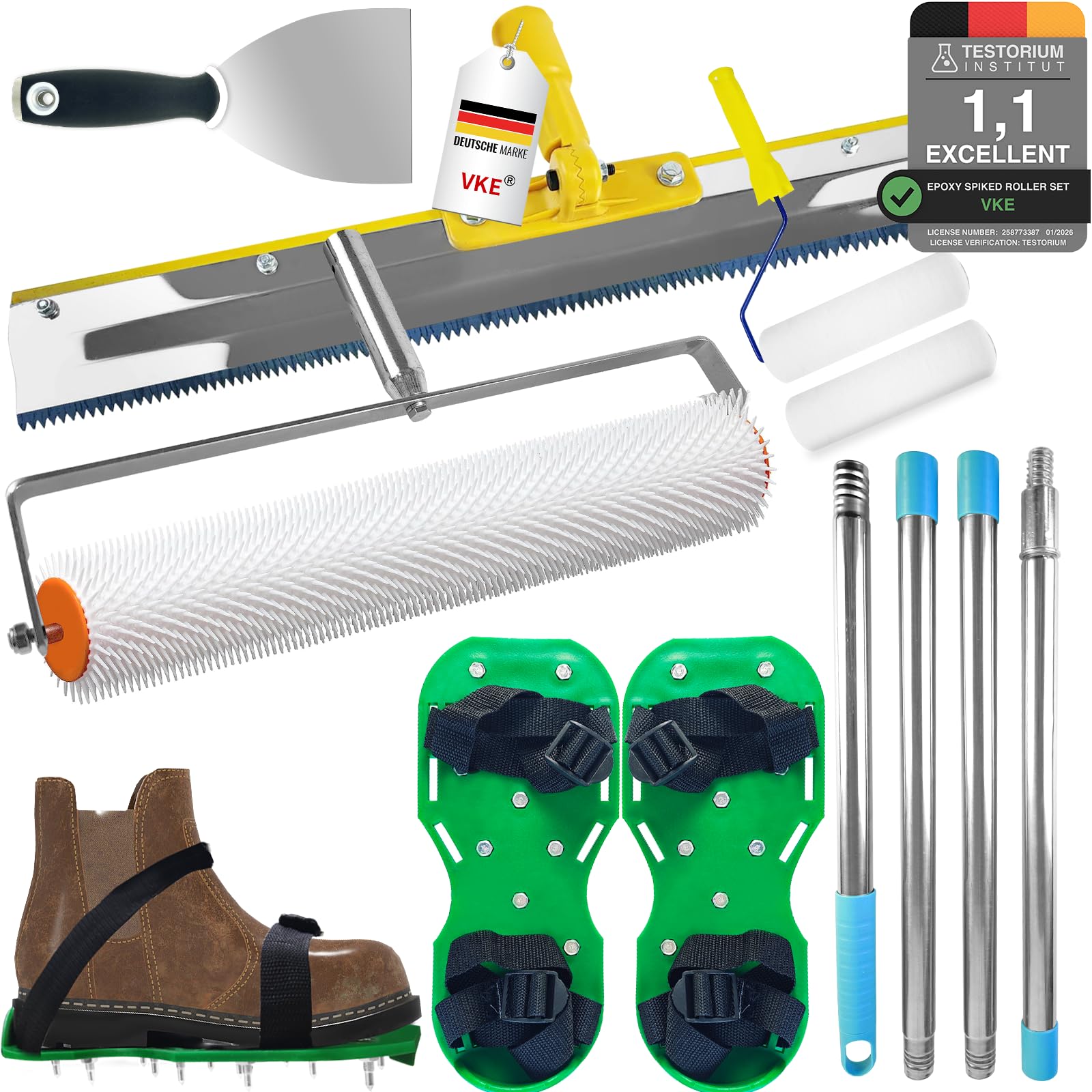 VKE Epoxy Spiked Roller Self Levelling, Self Levelling Tools, Extension Pole 162cm, Stainless Steel Scraper, Floor Construction Tool Spiked Roller, Spiked Shoes, Markless Sawtooth Self-Leveling Rake โ image 1