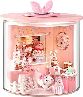 EPMANN Dollhouse DIY Miniature with Wooden Furniture Kit, Mini LED Wooden Doll House with Dust Cover & LED Light, 3D Wooden Doll House Kit Handmade Tiny Doll House Toys for Adult Friend Lover Gift