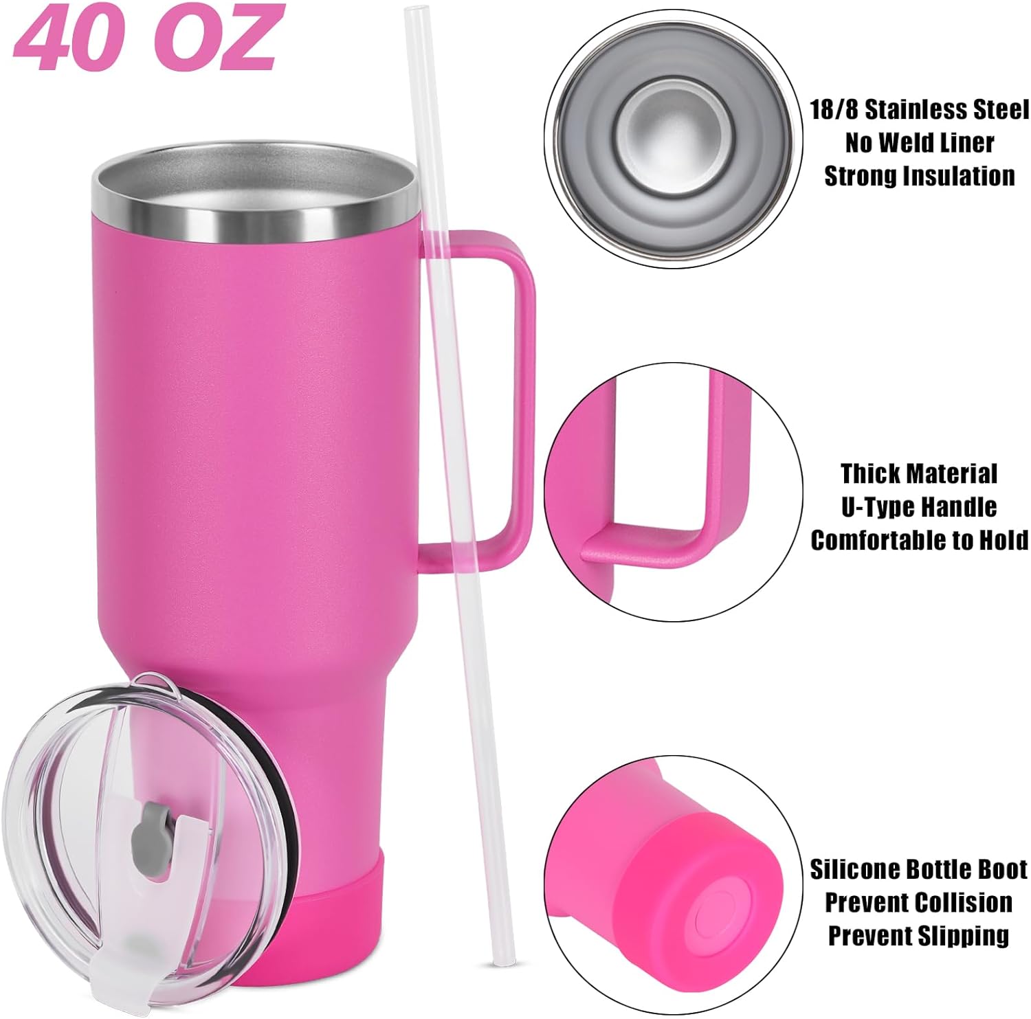 40 Oz Tumbler with Handle and Straw, Stainless Steel Double Wall Vacuum Insulated Cup, 40 OZ Travel Coffee Mug Bulk with Silicone Water Bottle Boot(Hot Pink) - Image 3
