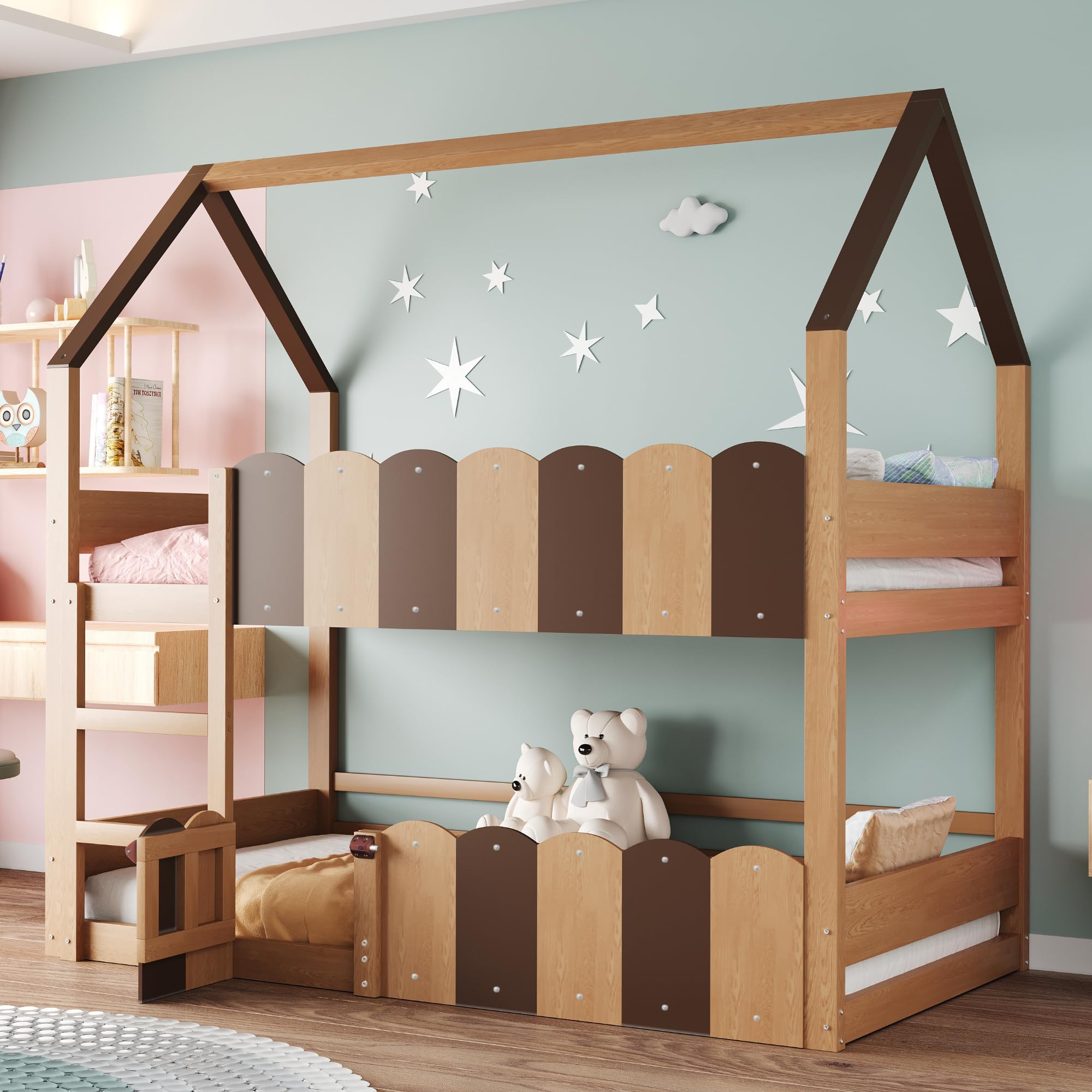 Kinder-Etagenbett 90 * 200 cm, Hausförmiges Design mit erhöhten Sicherheitsgeländern. Das Obere Bett verfügt über Einen Lattenrost. Geeignet für Jungen und Mädchen Holzfarbe