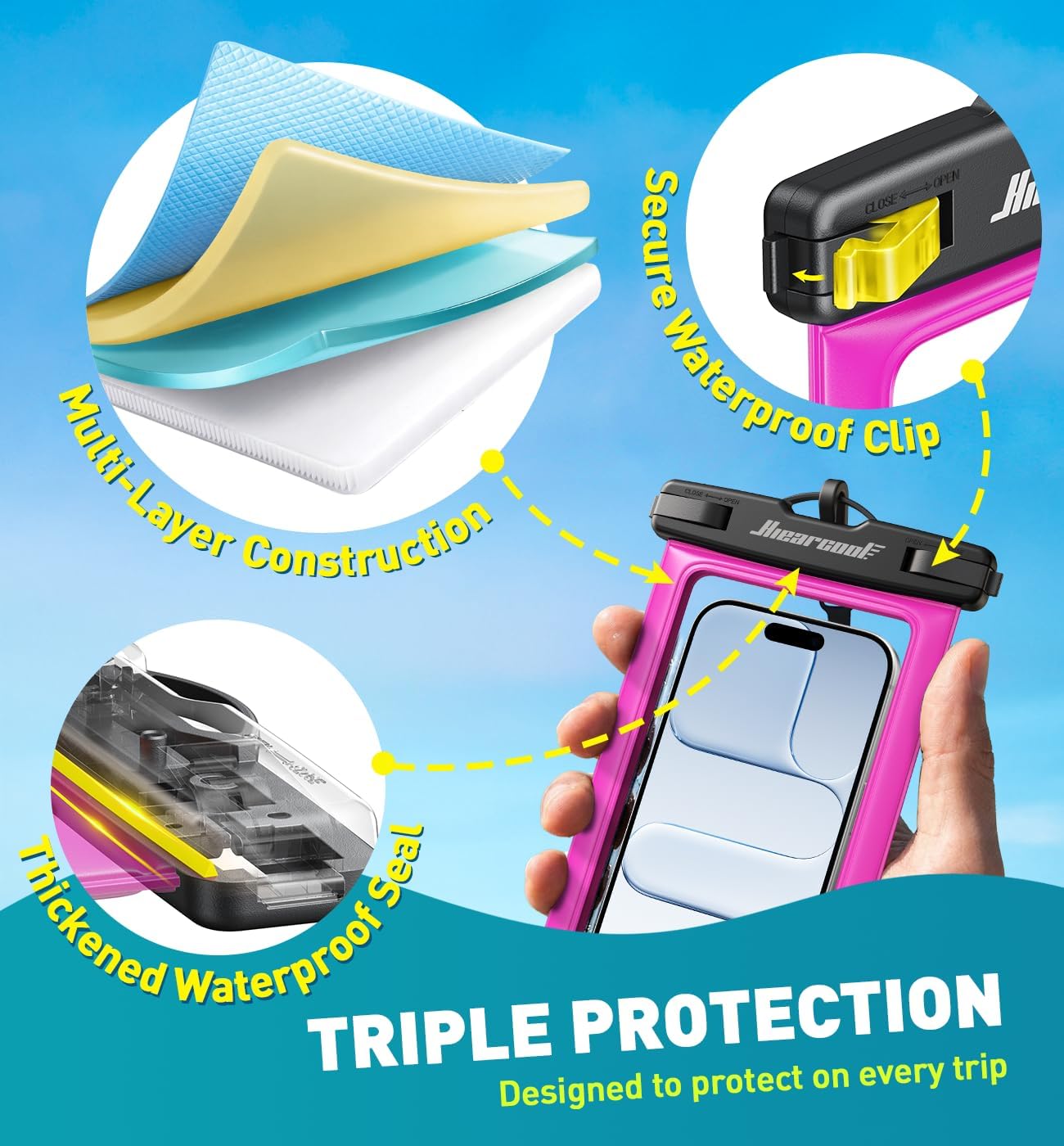 Hiearcool Universal Waterproof Phone Pouch,IPX8 Cell Phone Waterproof Case Up to 8.3" for iPhone 17 16 15 14 13 Pro Max,Beach Essentials Vacation Must Haves-Clear&Bright Red-2Pack thumbnail