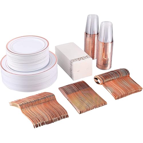 350 Piece Rose Gold Dinnerware Set 50 Guest -100 Rose Gold Plastic Plates - 50 Plastic Silverware - 50 Plastic Cups - 50 Linen Like Paper Napkins, FOCUSLINE Disposable Dinnerware Set