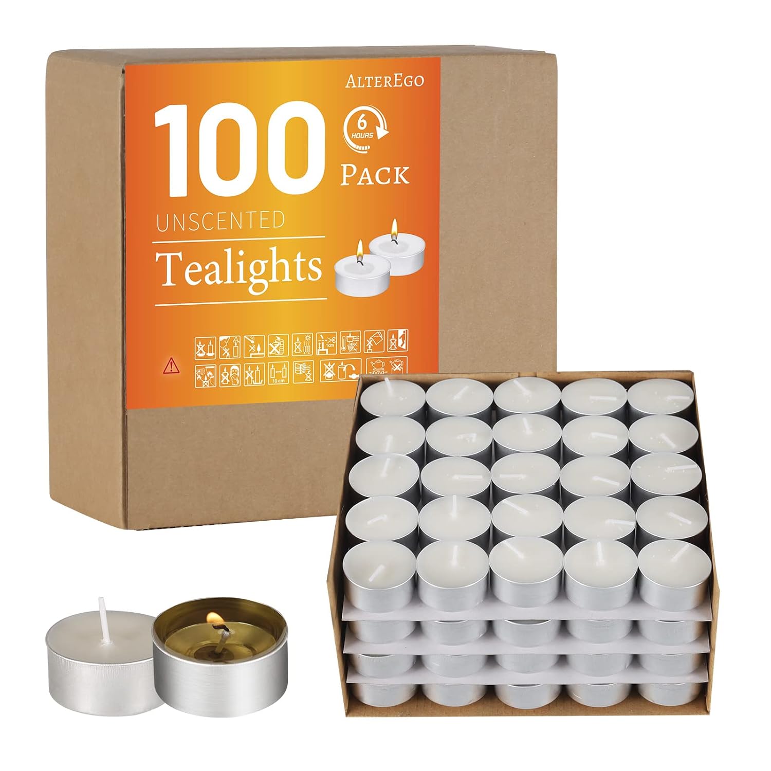 AlterEgo Unscented Tea Lights 100 Pack Tealight Candles 6+ Hour