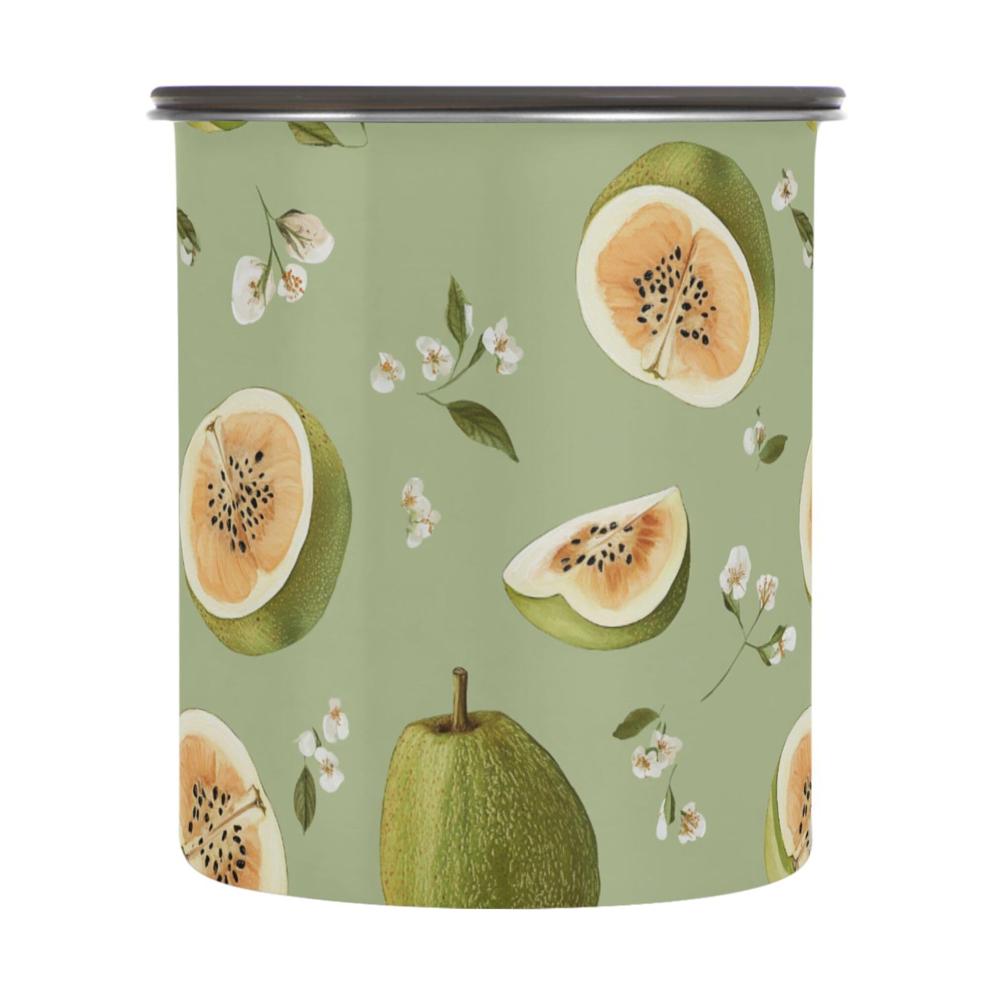 Wudan Art Sapote Fruit Sage Green Food Storage Containers with Lids Stainless Steel Jar Canister for Cereal Stackable Push Button Containers for Food Storage 900ML