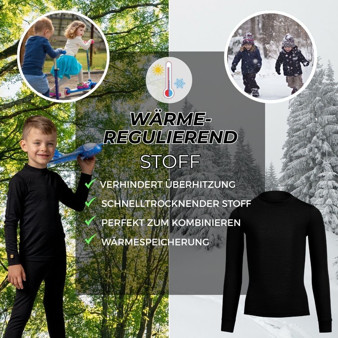 menique Kinder 100% Merinowolle Thermounterwäsche, Königskirsche, Schwarz, 122-128cm