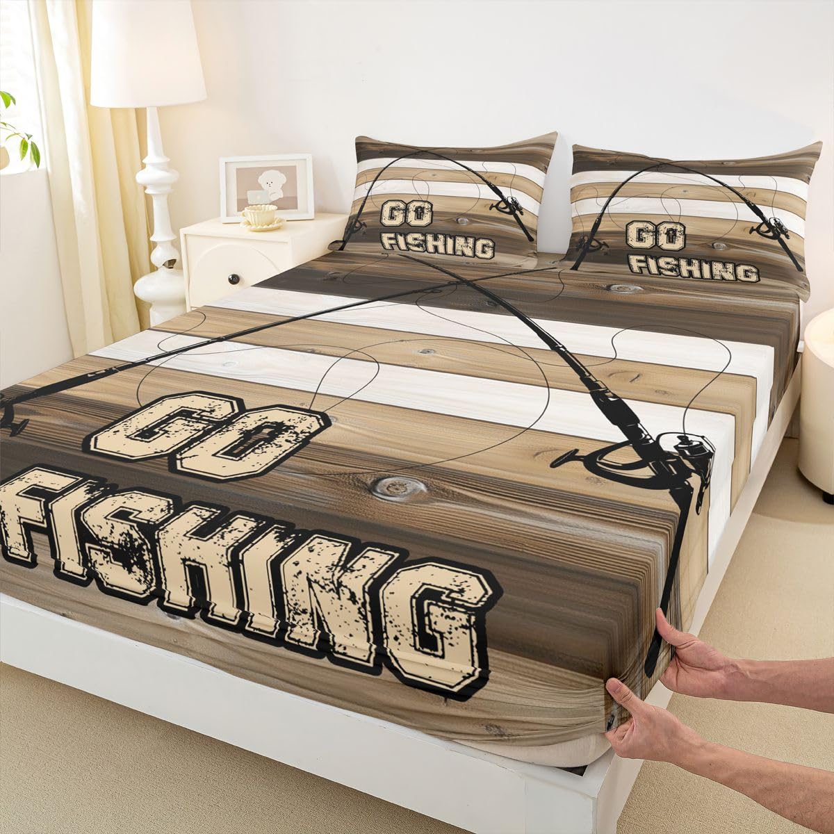 Homewish Rustykalne prześcieradła na łóżko King Fishing prześcieradło retro brązowe beżowe drewniane deski zestaw pościeli dla dzieci nastolatków dziewcząt, wędka na wędkę pokrowiec na łóżko 3 szt