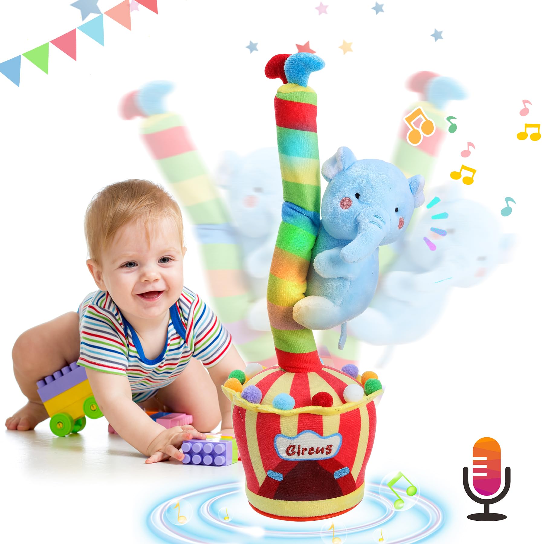 Dancing Stuffed Animals Circus Toy, Talking Toy That Repeat What You Say, Singing 120 English Songs, Dancing Baby Crawling Toys For Toddlers Electric Speaking Musical Plush Puppet Gifts (Elephant)