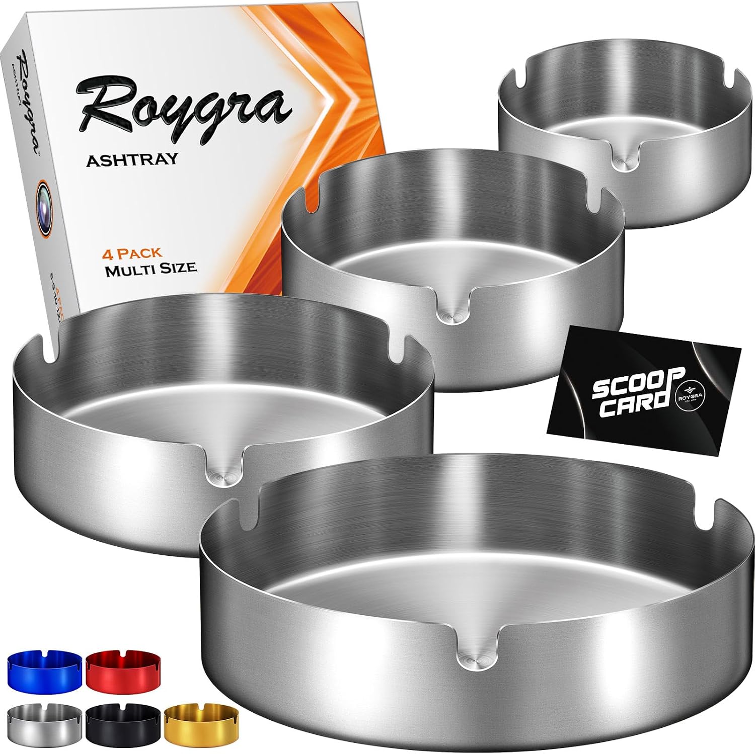 roygra Ash Tray (4 Pack), Outdoor Ashtray for Outside Patio, Stainless Steel Ashtrays for Cigarettes with 3 Holder, Smoking Accessories, Home Décor, Ashtrays for Smokers Indoor - 8-9-10-12cm - Silver