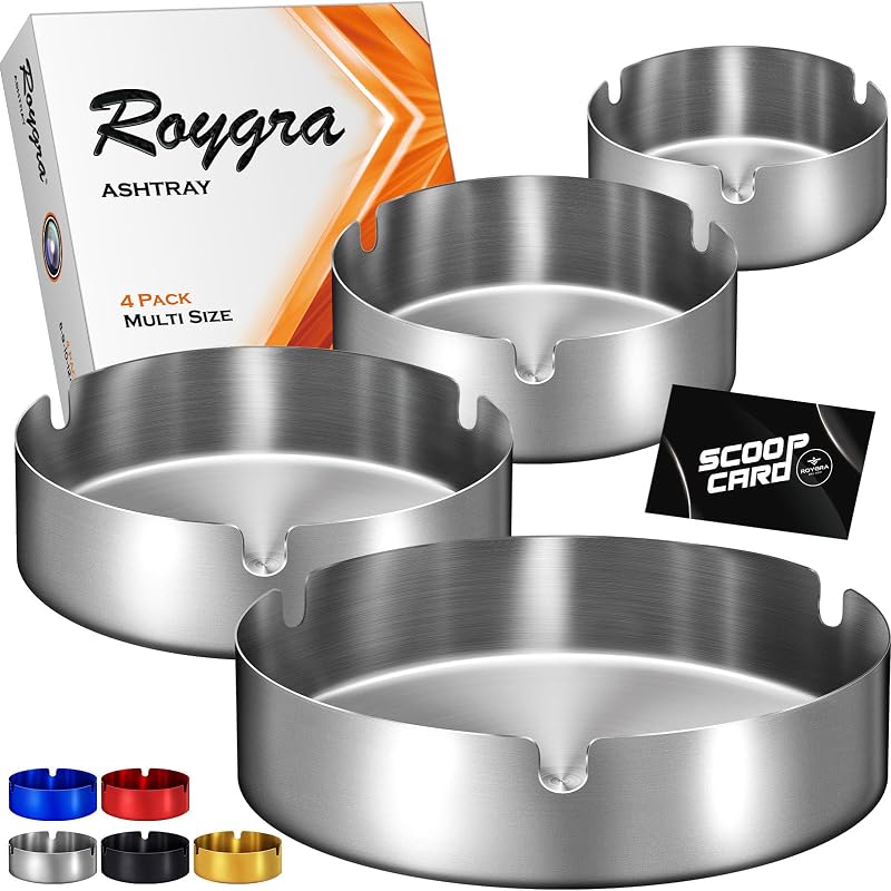 roygra Ash Tray (4 Pack), Outdoor Ashtray for Outside Patio with 3 Holders | Classic Stainless Steel, Home Table Decor, Smoking Accessories, Portable Indoor Ashtrays for Cigarettes, Gifts for Smokers