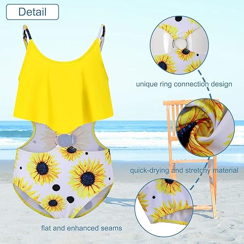 Vista 2 de Traje de baño de una pieza para niñas con anillo vinculado lindo traje de baño con correa ajustable floral traje de baño de playa 3-12 años