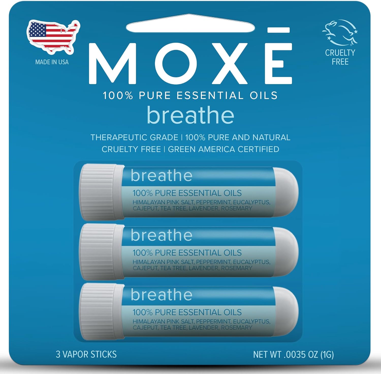 MOXE Breathe Himalayan Salt Inhaler 3-Pack | Natural Sinus Relief, Congestion Clearance & Focus Boost with Peppermint, Lavender, Tea Tree Oils