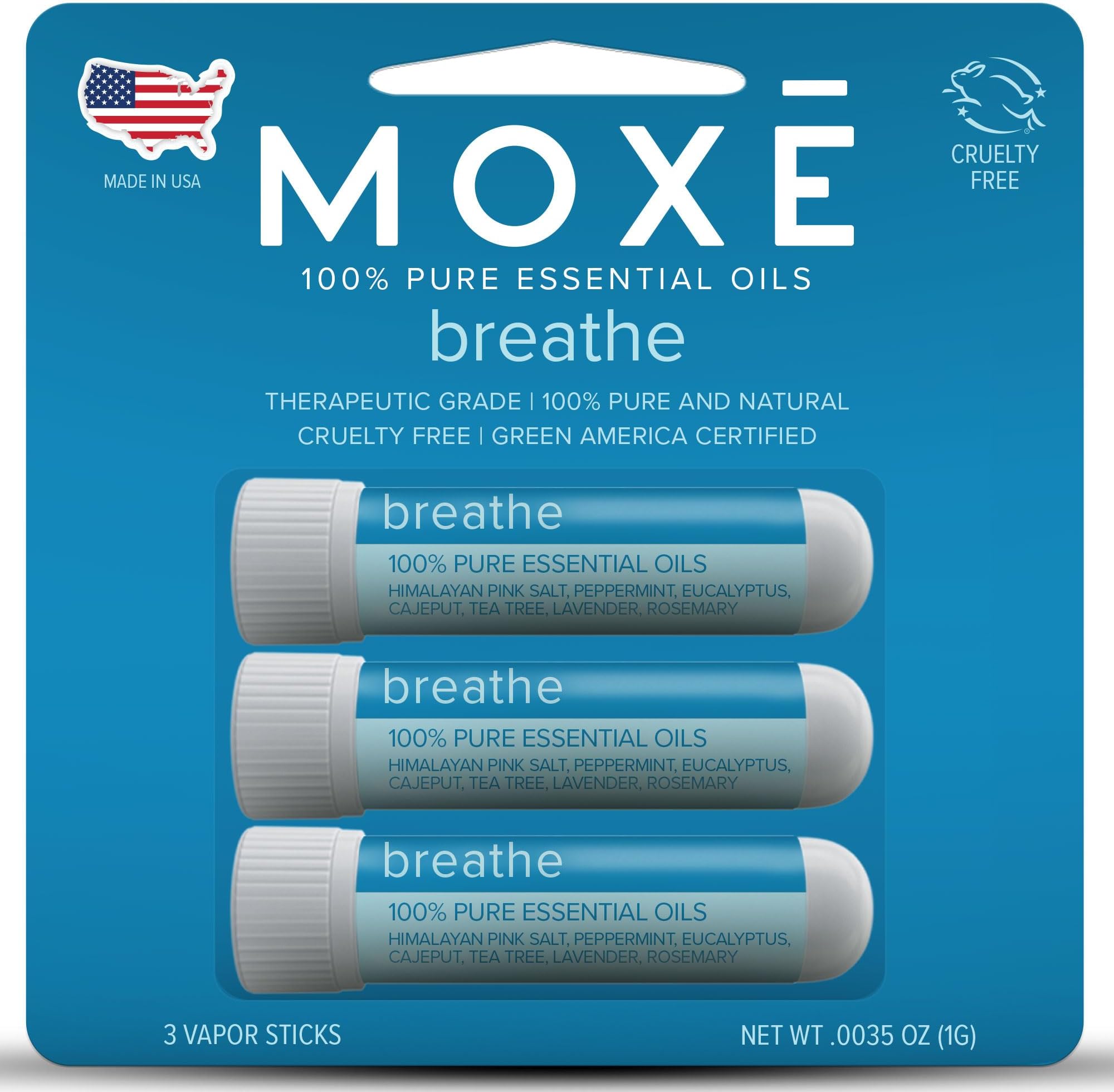 MOXE Aromatic Mint Lavender Tea Tree 6 Natural Blend Essential Oils with Himalayan Salt 100% Plant Derived Made in USA - Breathe 3 Pack
