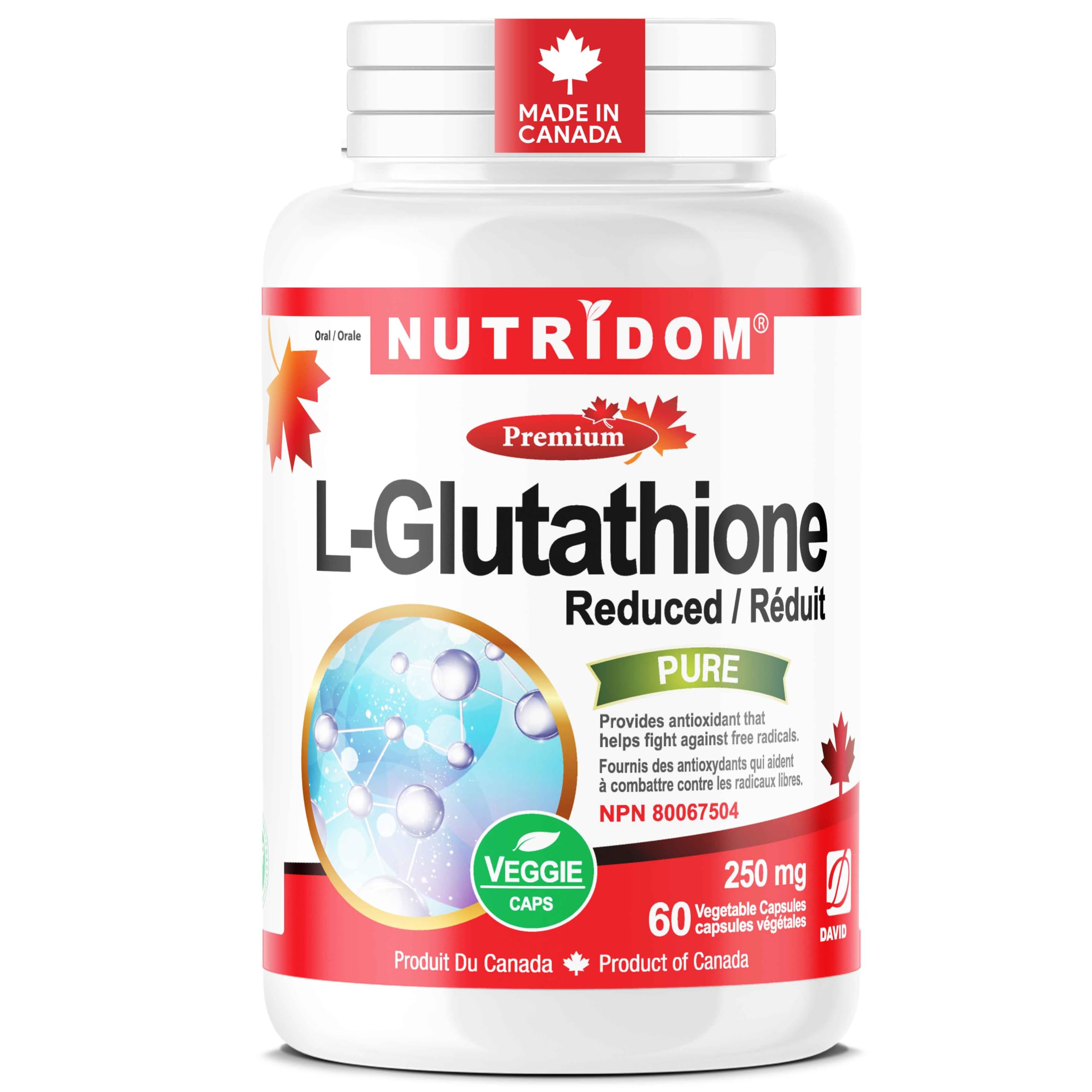 Nutridom L-Glutathione 250mg, Reduced Glutathione Supplement for Antioxidant Support, Non-GMO, Vegan, Gluten-Free, Soy-Free, Dairy-Free, No Additives 