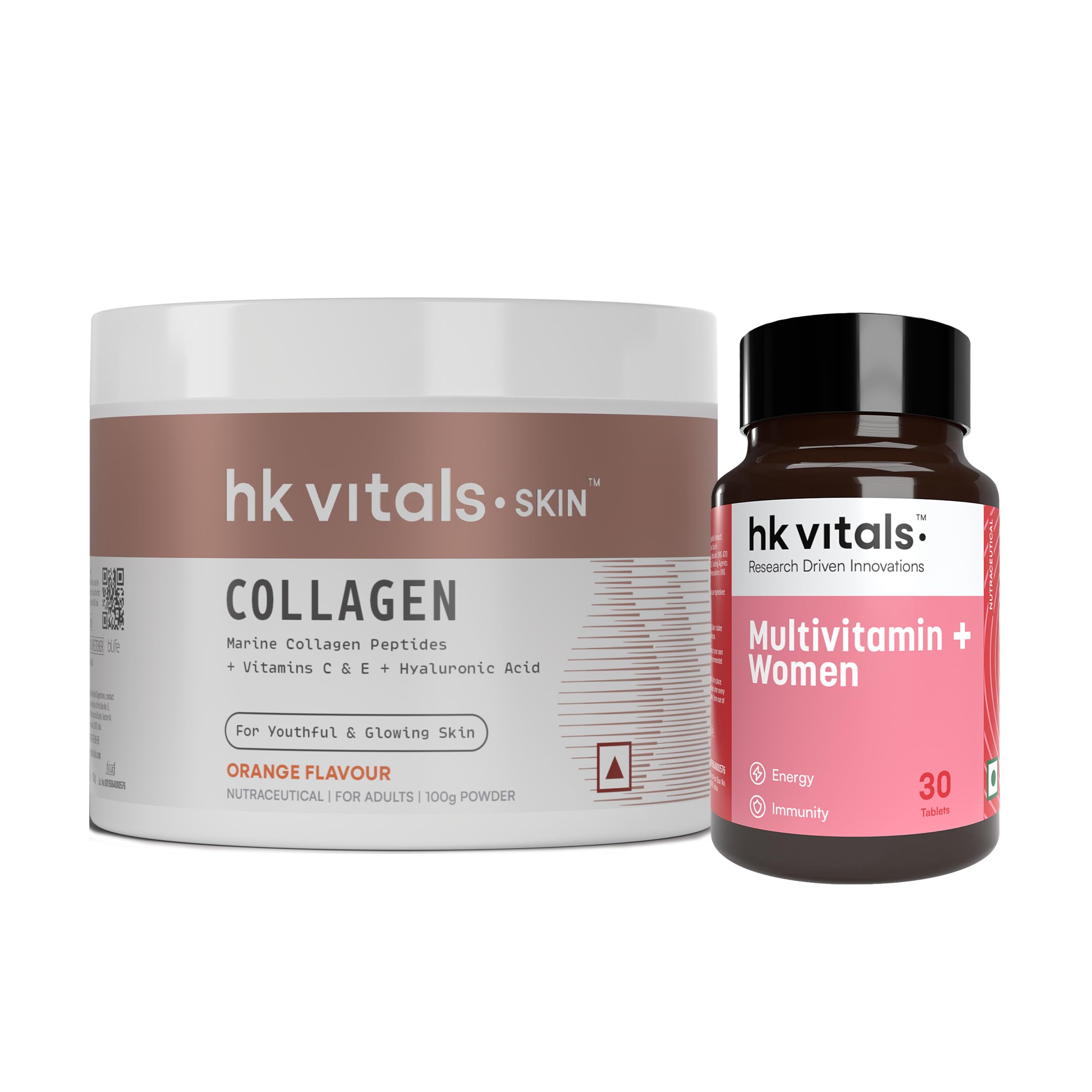 hk vitals Marine Collagen Supplements (Orange, 100g) | With Multivitamin Plus Women | Advanced Daily Multivitamin for Active Women, 30 Tablets | Combo Pack