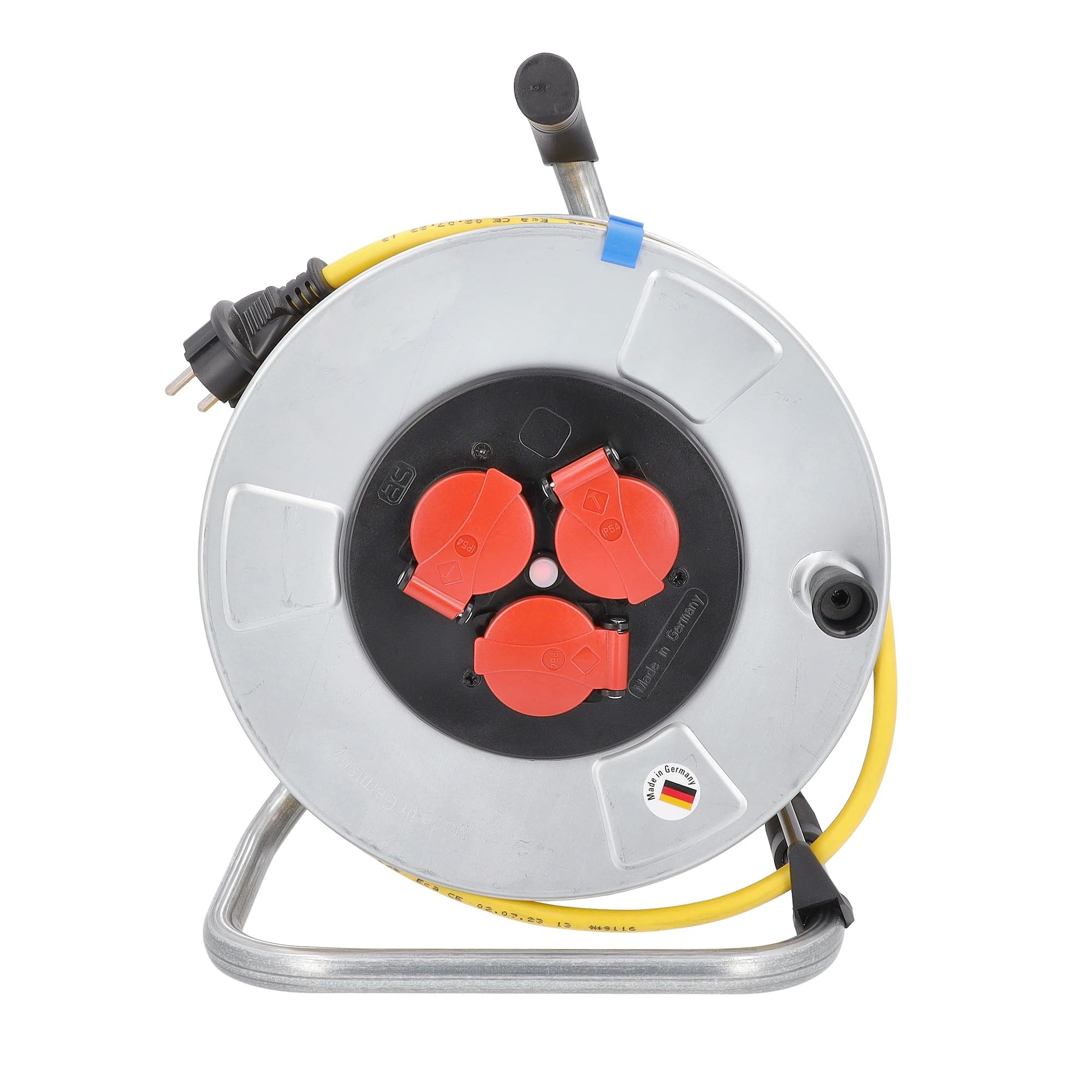 as - Schwabe enrollacables 25 m AT-N07V3V3-F 3G1,5, IP44 exterior, 3 tomas de corriente con toma de tierra, Interruptor térmico, tambor de acero, Made in Germany