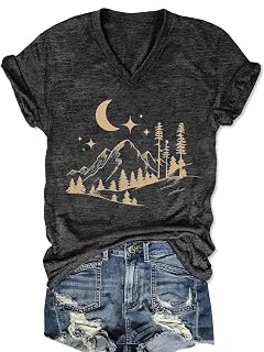 Women T Shirt Fall Graphic V Neck Tee Shirt Boho Casual Summer Tops Vintage Short Sleeve Clothes 2025 Trendy