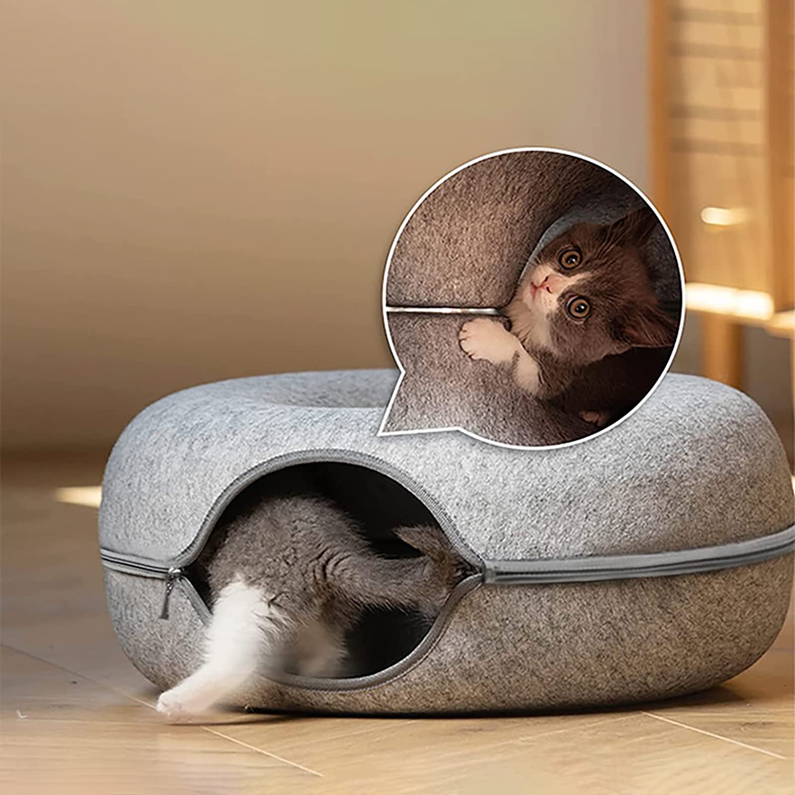 Katzentunnelbett, Katzentunnel für Indoor-Katzen, kratzfestes, abnehmbares, rundes Filz-Katzenrohr-Spielspielzeug mit Guckloch, und waschbares großes Donut-Katzenbett für kleine Haustiere, Kaninchen,