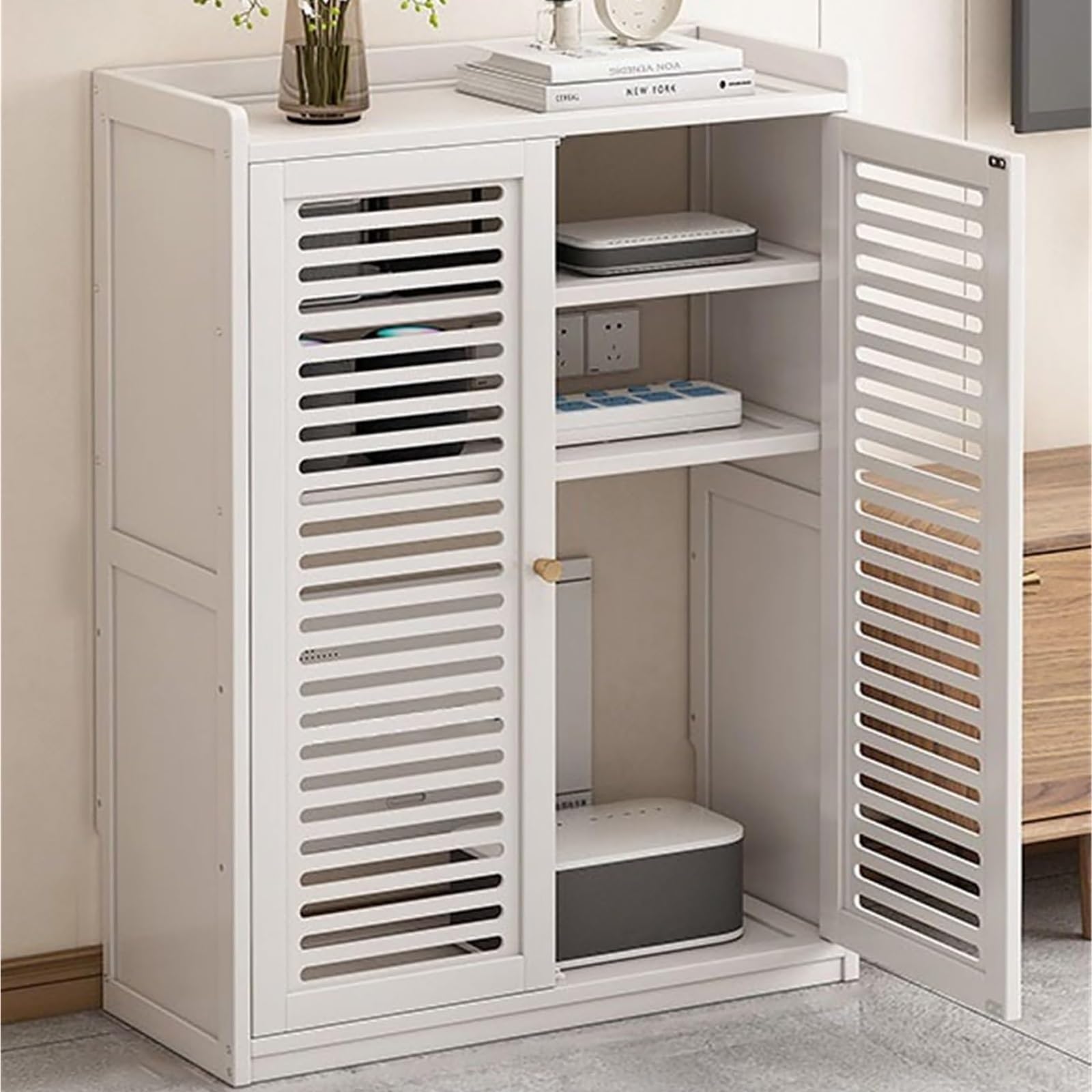 Rangement routeur Wi-Fi organiseur autoportant gain de place avec double porte en bois