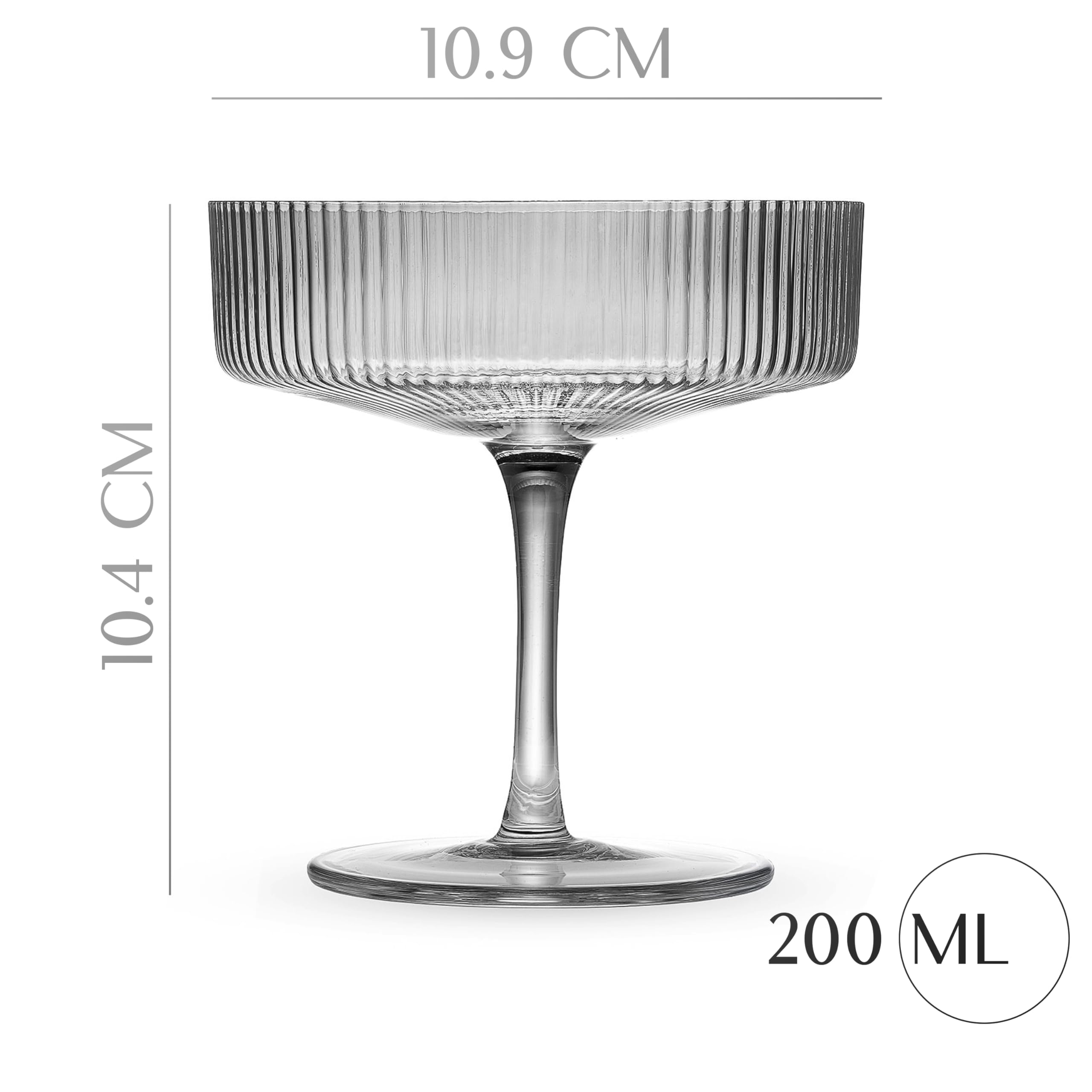 GLASSIQUE CADEAU Vintage Art Deco Schwarze Gerippte Coupe Gläser | 4er Set | 200 ml Rauchige Cocktailgläser für Champagner, Espresso Martini, Daiquiri | Kristall Rauchgrau Champagnerschalen