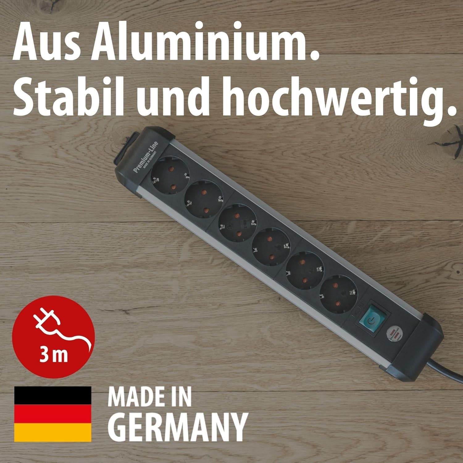 Brennenstuhl Premium-Alu-Line Steckdosenleiste/Steckerleiste aus hochwertigem Aluminium, Mehrfachsteckdose mit Schalter und 3m Kabel (6-Fach Steckdosenleiste | 5 Stück)