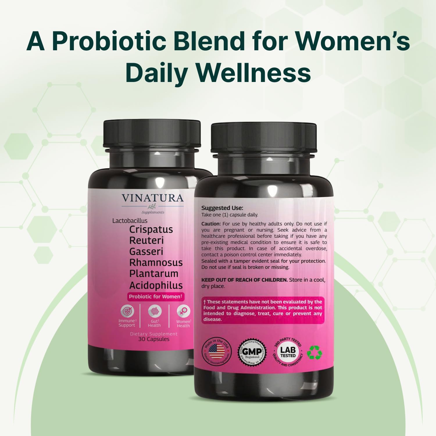 VINATURA Lactobacillus Rhamnosus, Reuteri, Gasseri, Plantarum, Crispatus, Acidophilus Probiotics - Probiotics for Women *USA Made & Tested* Women Vaginal Health, Gut and Digestive Health - 30 Capsules