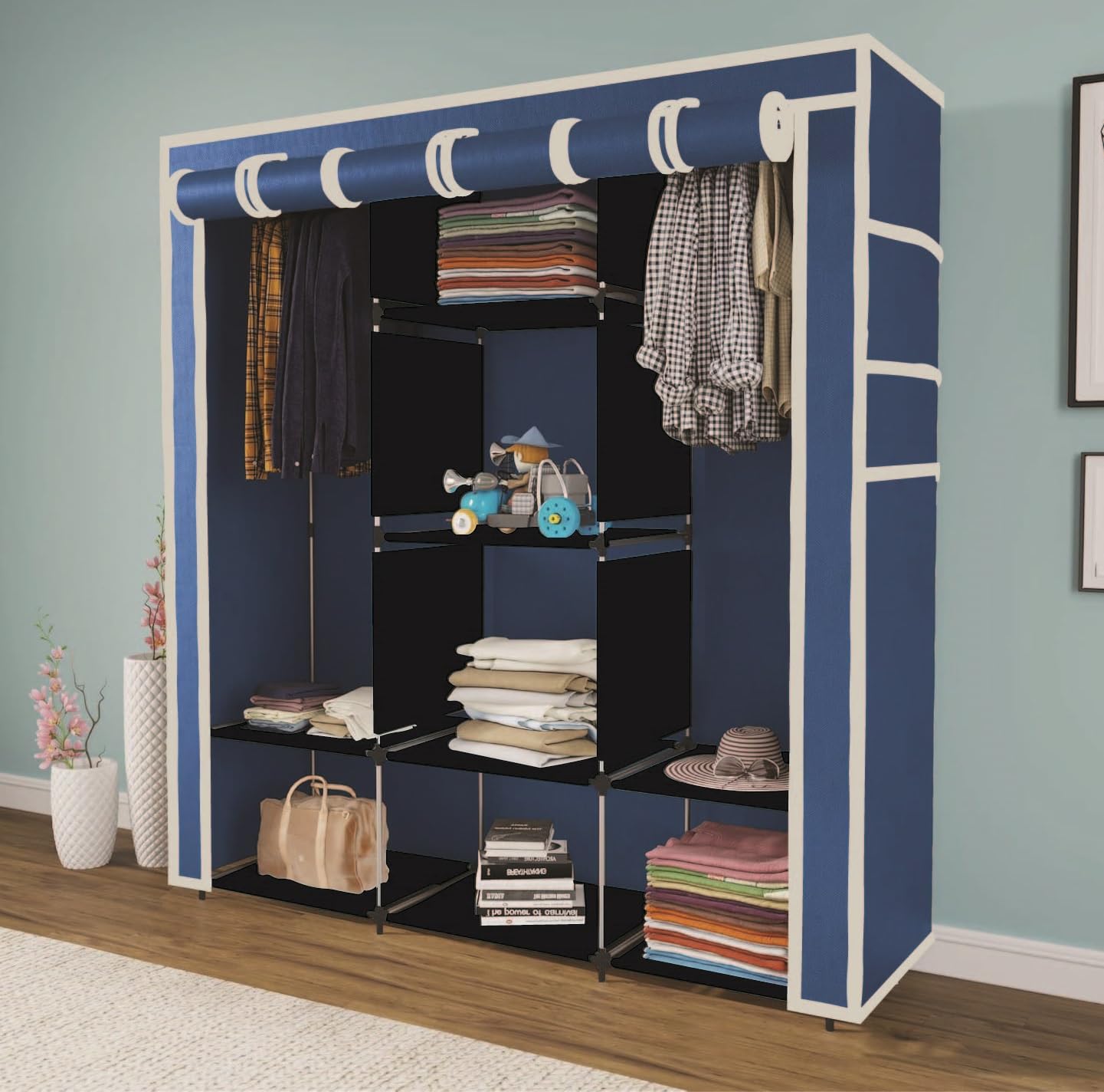 GTC Collapsible Wardrobe Portable Foldable Closet for Clothes Almira, 2 Hanging Space, 8 Shelves Non-Woven Fabric 90 GSM (88230) (Blue)