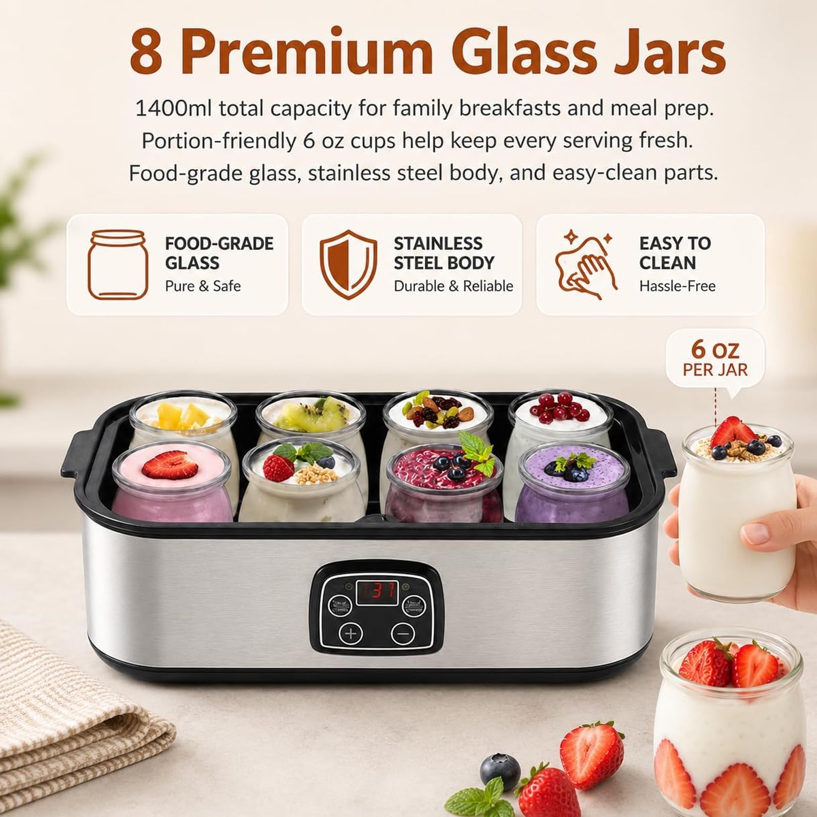 Yogurtiera 1400 ml con 8 vasetti di vetro, macchina per yogurt in acciaio inossidabile con display a LED, controllo del tempo e della temperatura regolabili, per dessert biologici fatti in casa