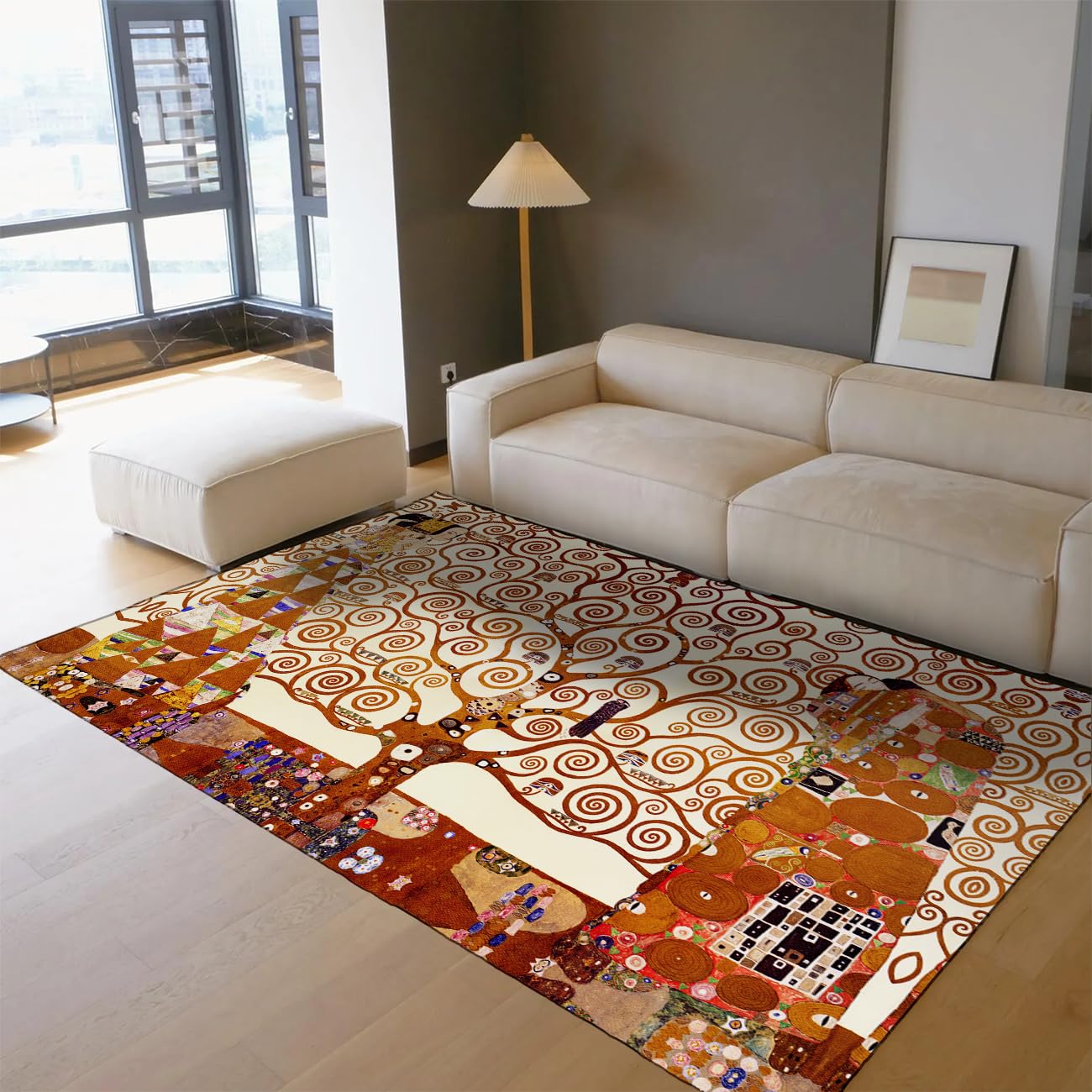 Nadający się do prania dywan 140 x 200 cm, odporny na plamy, do salonu, antypoślizgowy spód, beżowy, brązowo-złoty, spiralne drzewo, z nadrukiem, do sypialni, z możliwością prania