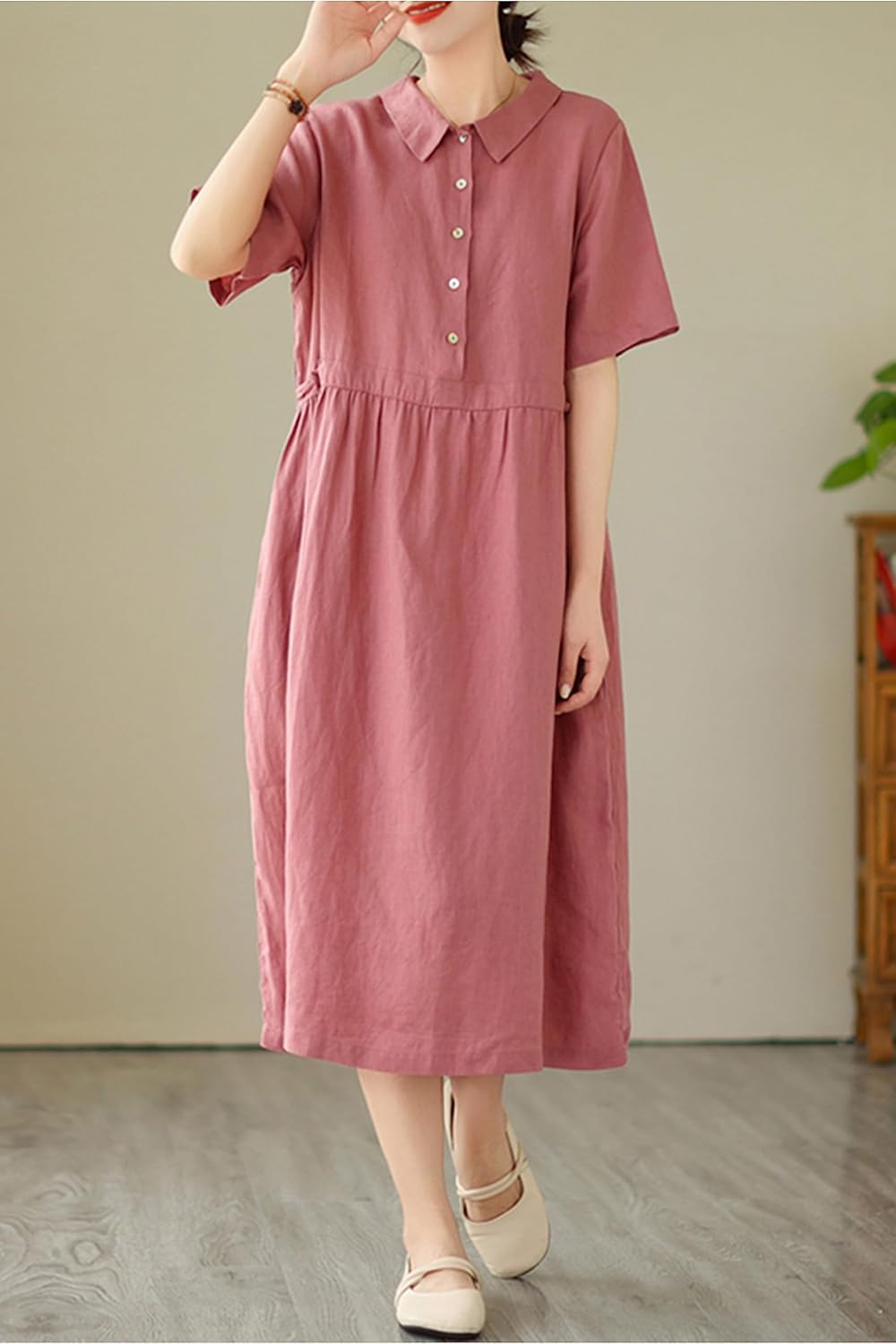Women's Summer Short Sleeves Dress Polo Button Midi Dresses with Pockets - Image 2