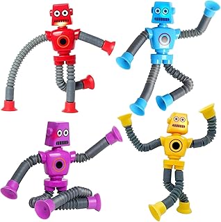 روبوت بوب تيوب مزود بإضاءة ليد، لعبة روبوت تلسكوبي مزود بقاعدة لاصقة، ألعاب حسية رائعة للأطفال الصغار، ألعاب التوحد والسفر من كيدزون، مجموعة من 4 إلى 4 قطع (عبوة من 4 قطع)