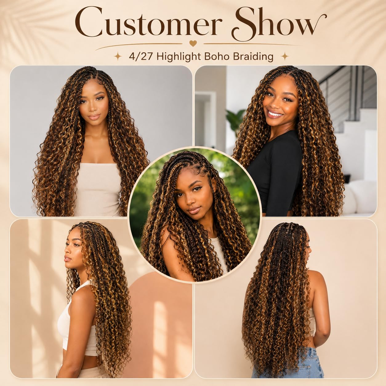 Water Wave Bulk Human Hair for Braiding 4/27 Highlight 16 Inch 100g | Ombre brown blonde no weft strands separate easily for boho, knotless, box and goddess braids and protective styles