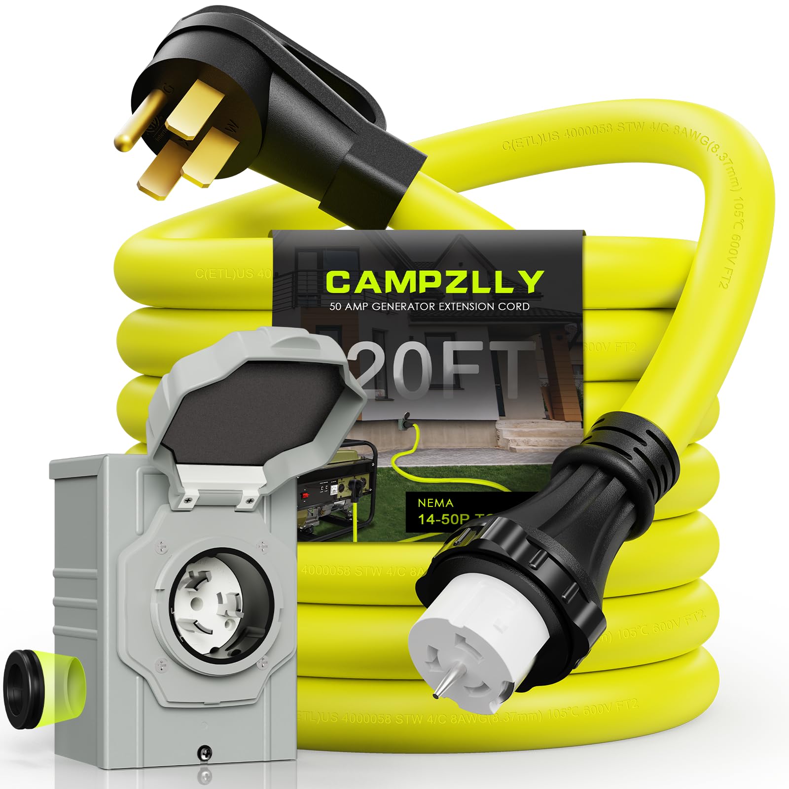 Cable generador de 50 amperios de 20 pies y caja de entrada de energía, NEMA 14-50P macho a SS2-50R conector de bloqueo giratorio de 125/250 V con caja de entrada de generador preperforada