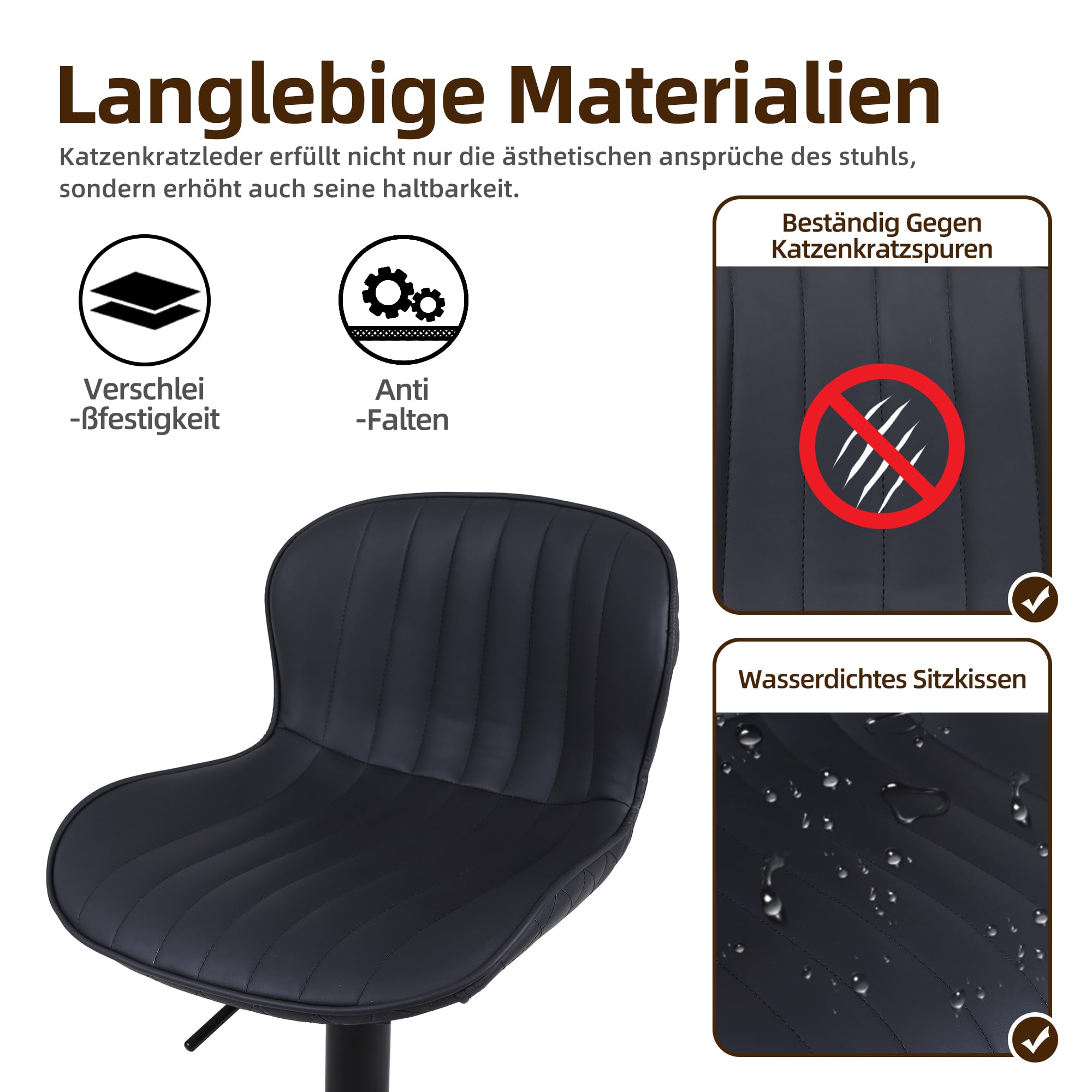 Barhocker × 1, Barstuhl Höhenverstellbar, Küchenstühle mit Rückenlehne und Fußstütze, 360°Drehbar, für Küche, Wohnzimmer und Esszimmer, Schwarz