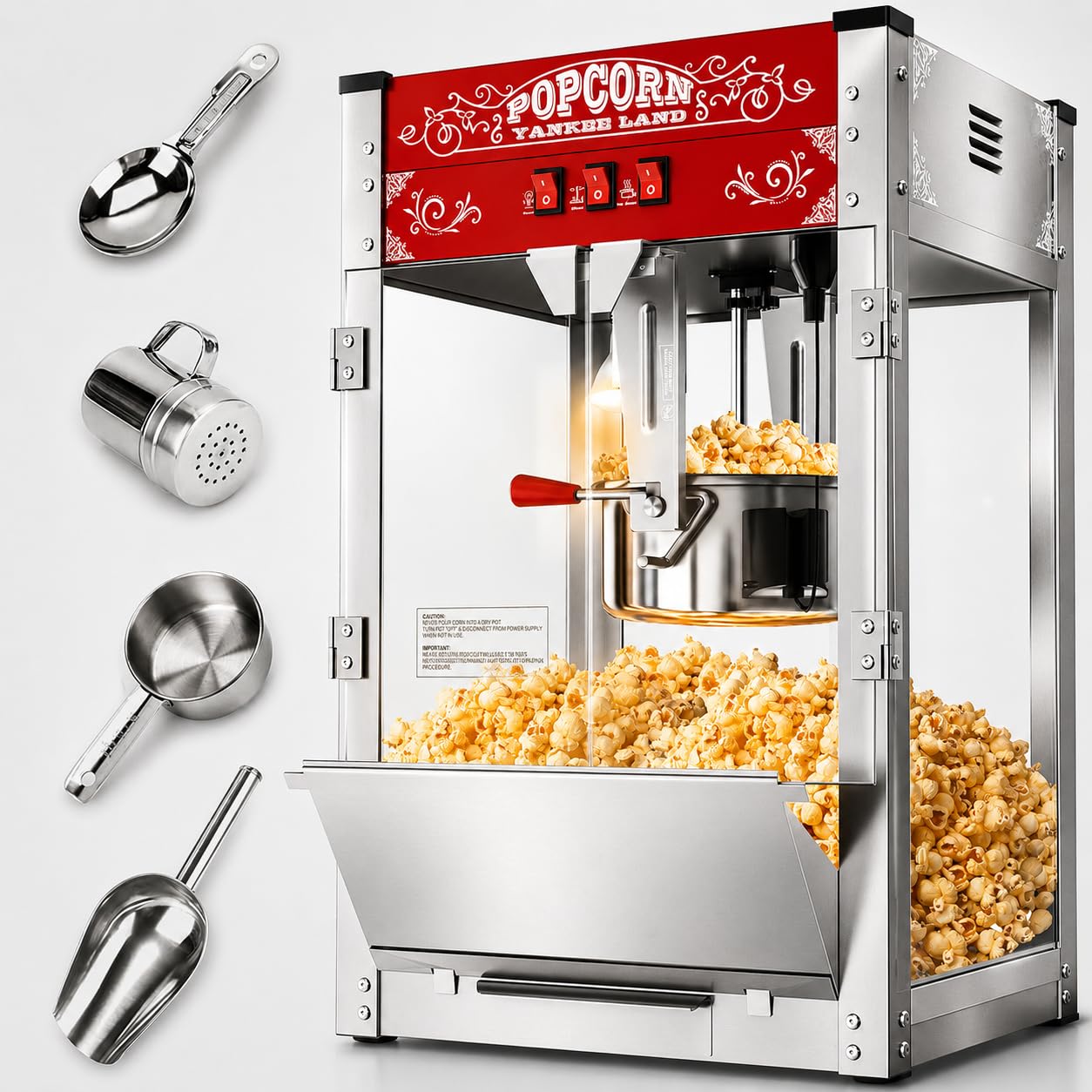 20 Oz Commercial Popcorn Machine, Movie Theater Popcorn Machine, Red Tabletop Pop corn Machine with 3-Switch Control &amp; Steel Frame Tempered Glass Doors