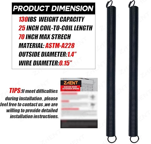 Miniatura 2 de Par de resortes de extensión de puerta de garaje resistentes de 130 libras, resorte elástico, electroforesis de alta precisión recubierto negro para