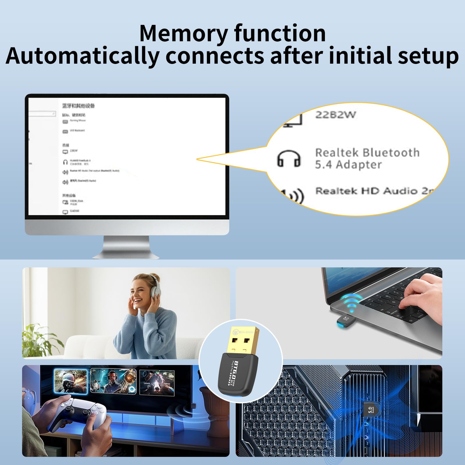 Adaptateur Bluetooth USB 6.0 EDR & BLE pour PC Design compact Plug & Play Compatible avec Windows 8.1/10/11 Récepteur Bluetooth et émetteur pour clavier/souris/casque/haut-parleurs/imprimante