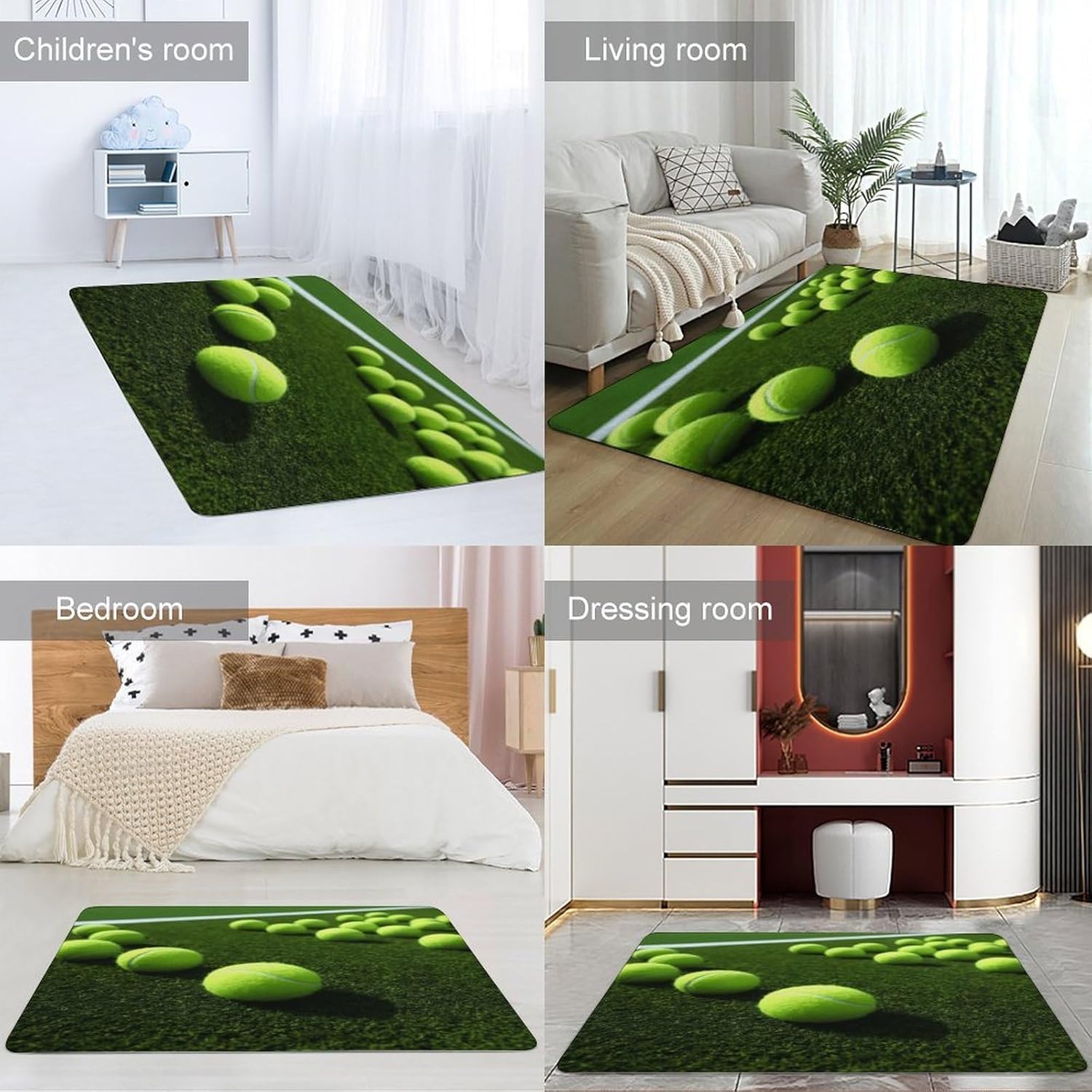 Tennis Balls on Tennis Grass Court Carpet for Living Room,Washable Dining Room Non-Slip Under Table Rug 40“x60”Large Rugs Lndoor Home Decoration Stain Resistant Carpet for Bedroom