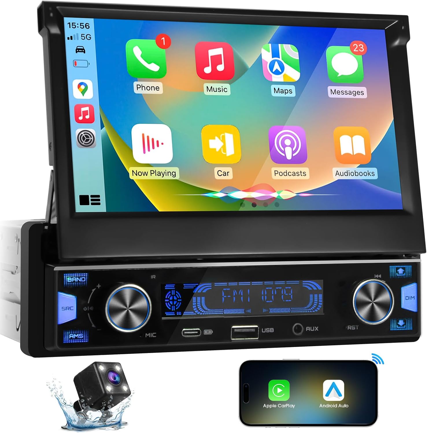aboutBit Single Din Wireless CarPlay Stereo with 7-inch motorized flip-out touchscreen