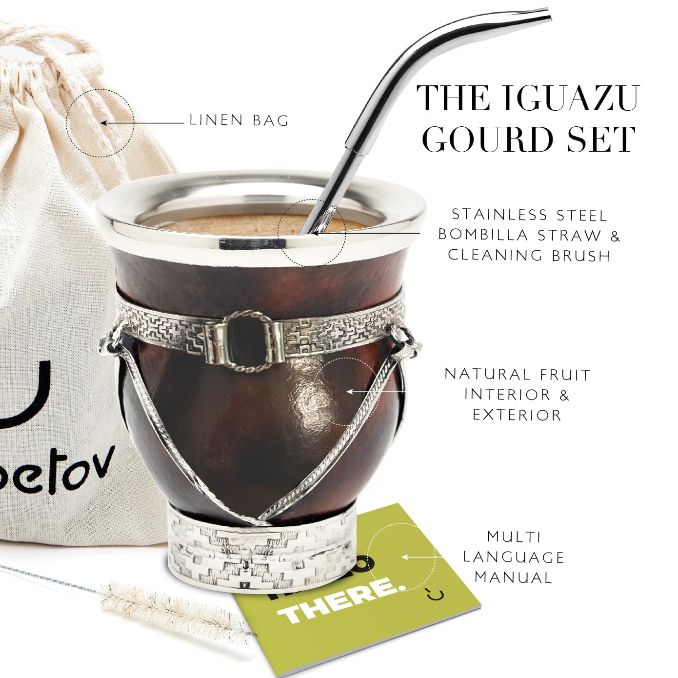 balibetov Ausgewählte Kollektion - Yerba Mate Kürbis (Mate Cup) - Premium Mate Gourd mit Details aus Neusilber - Inklusive Edelstahl Bombilla und Reinigungsbürste. (Iguazú)