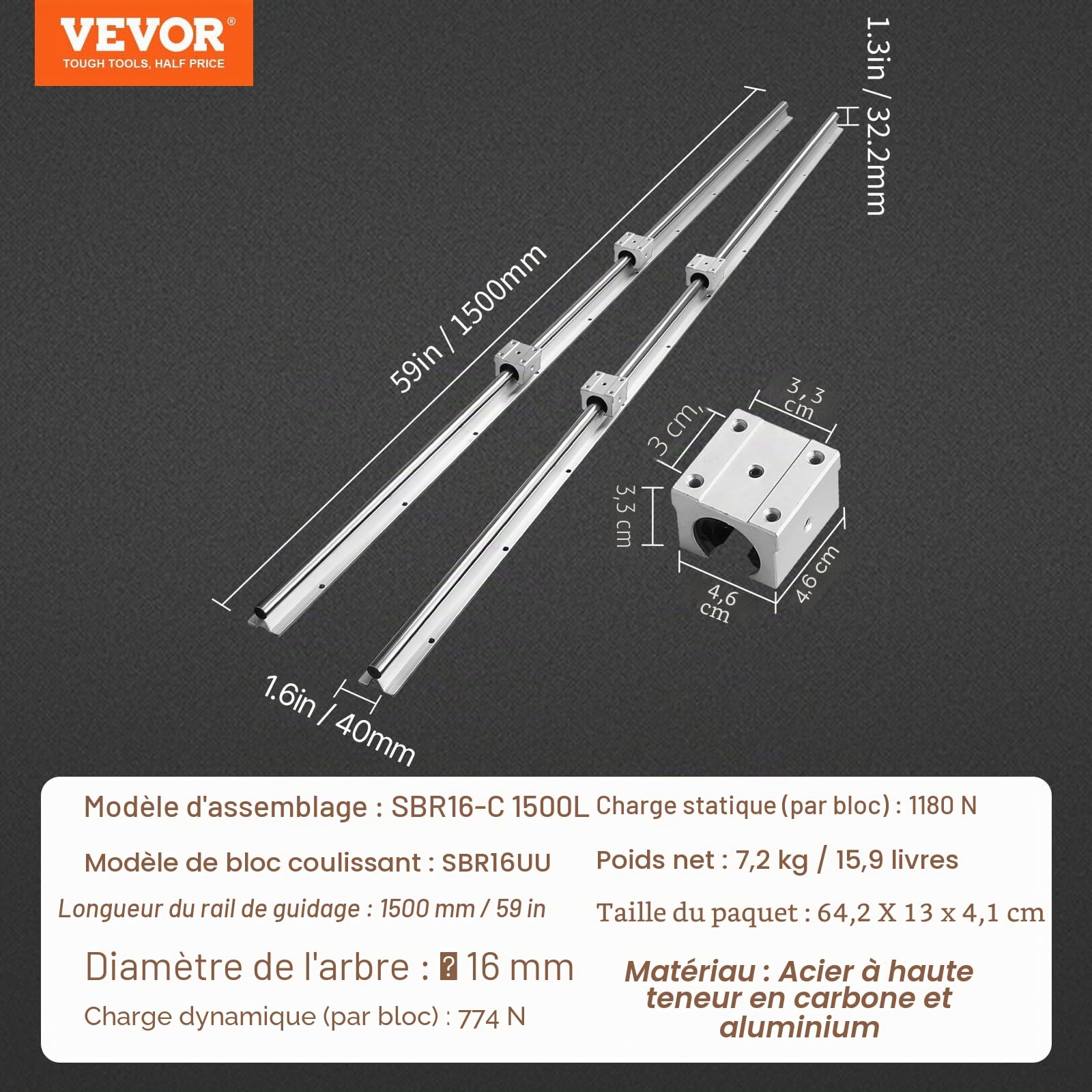 VEVOR Rail de Guidage Linéaire SBR16 1500 mm 2PCS Rails Linéaires 1500 mm 4PCS Blocs Roulement SBR16UU Kit Glissières à Roulement Linéaire pour Machines Automatisées Routeurs CNC Tours Imprimante 3D