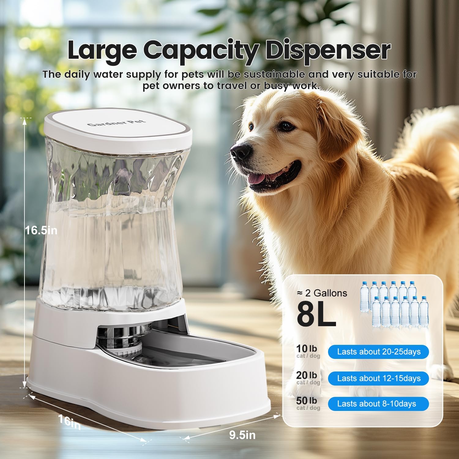 gardner pet automatic dog water dispenser gravity stainless steel water waterer feeder, large capacity water feeding bowls for medium & large-sized dogs cats other pets -(2.1 gallon) 2.1 gallon white