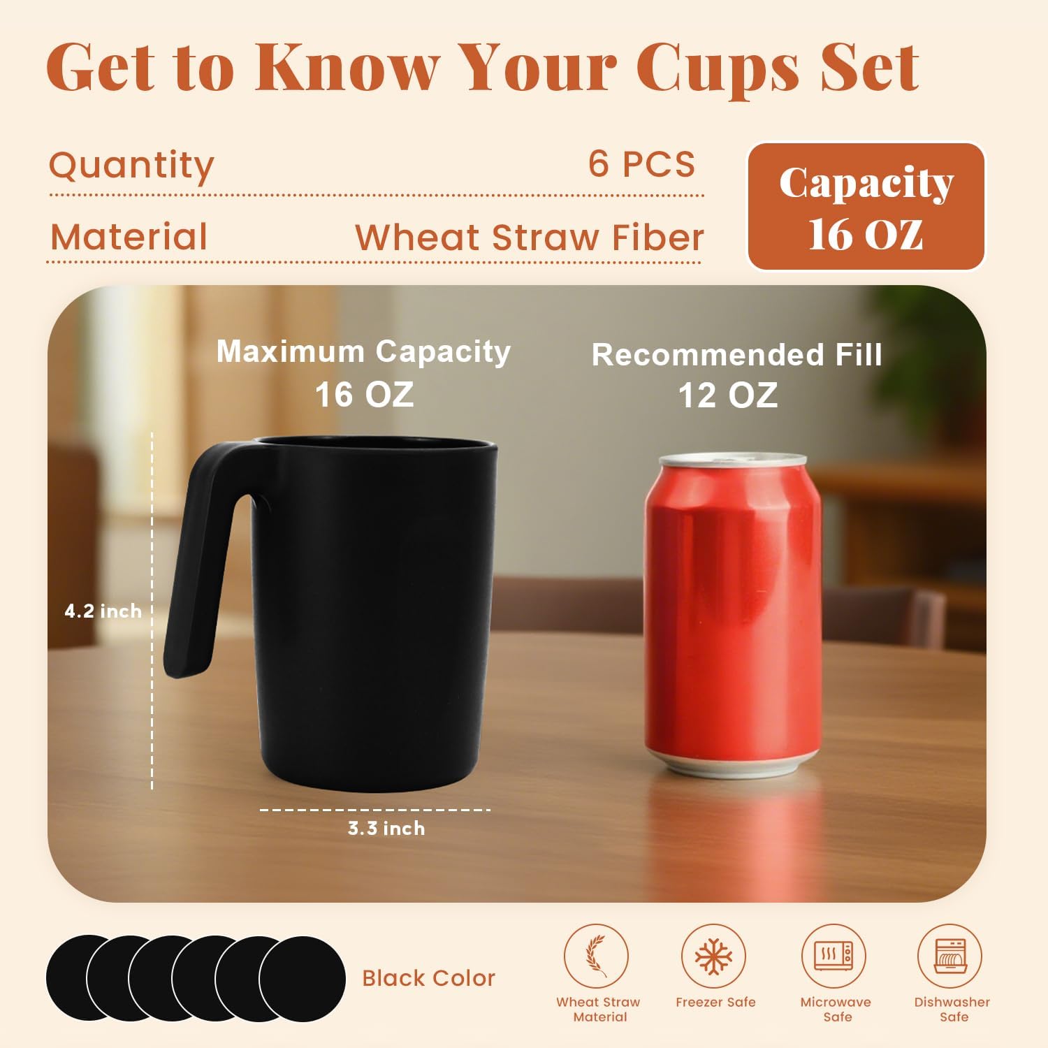 Homienly Unbreakable Coffee Mug Set - 6 Wheat Straw Reusable Cups | Dishwasher Safe Drinking Glasses | Alternative to Plastic Mugs & Glass Cups 16 oz for Camping, Kitchen (Black) - Image 2