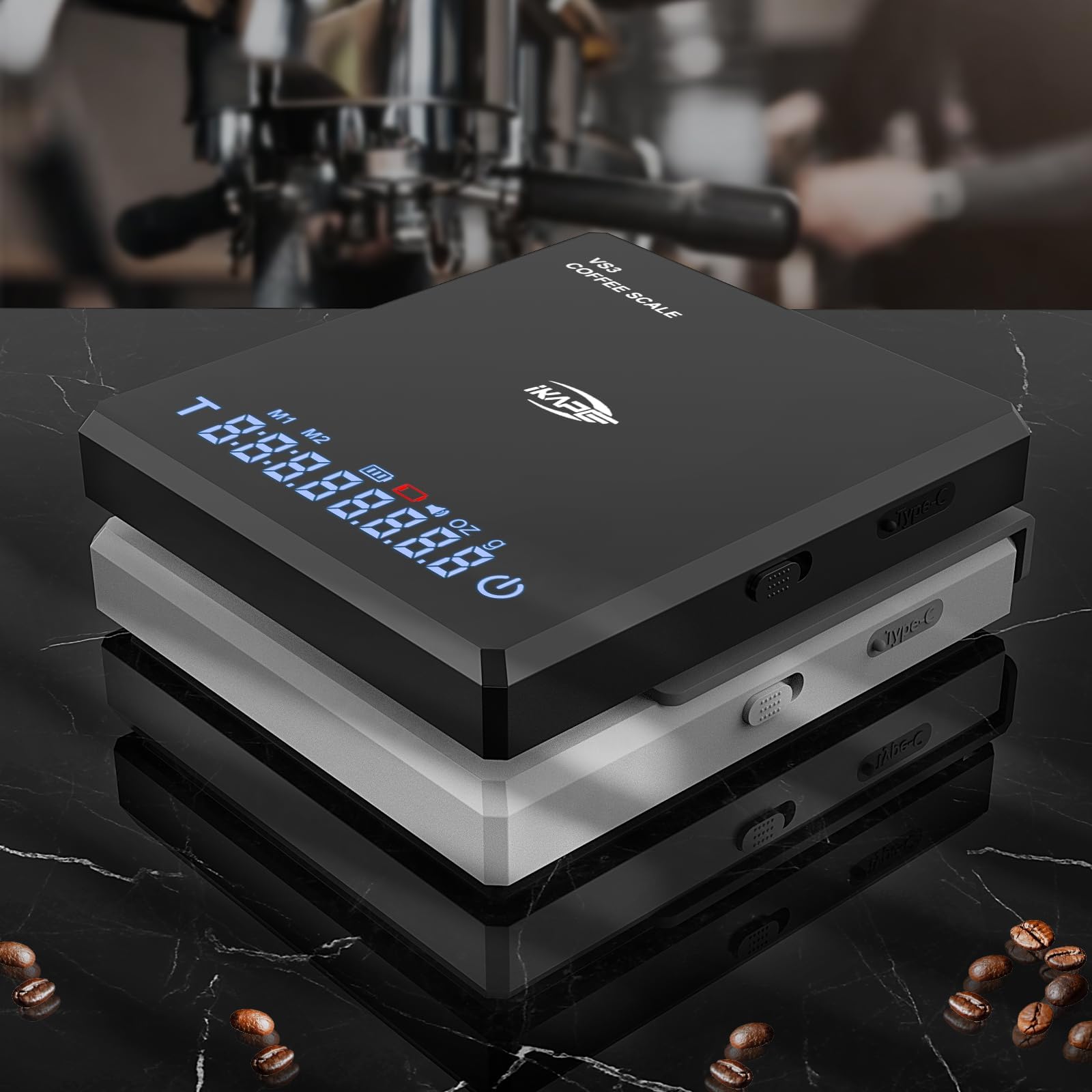 IKAPE Mini báscula digital de café con temporizador, 2 kg/0,1 g, alta precisión, recargable, báscula de cocina con función de tara, pantalla LED