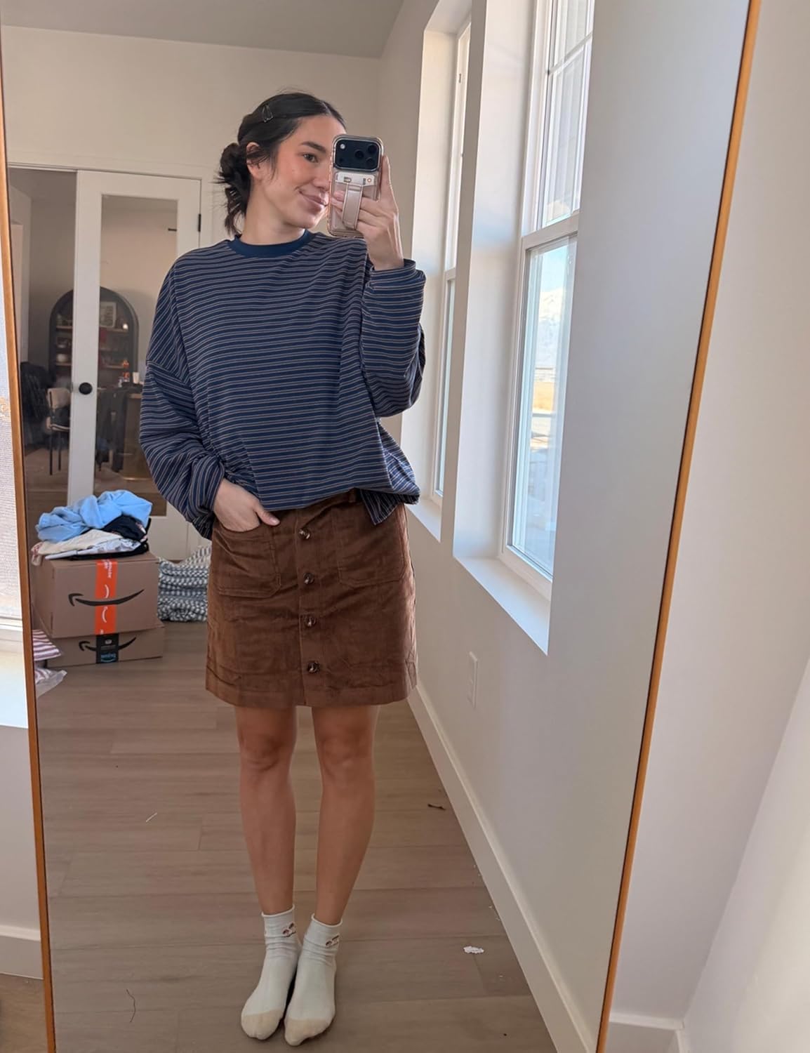 Dqbeng Women's Corduroy Mini Skirt High Waist Button Front A-Line Short Skirt with Pockets - Image 3