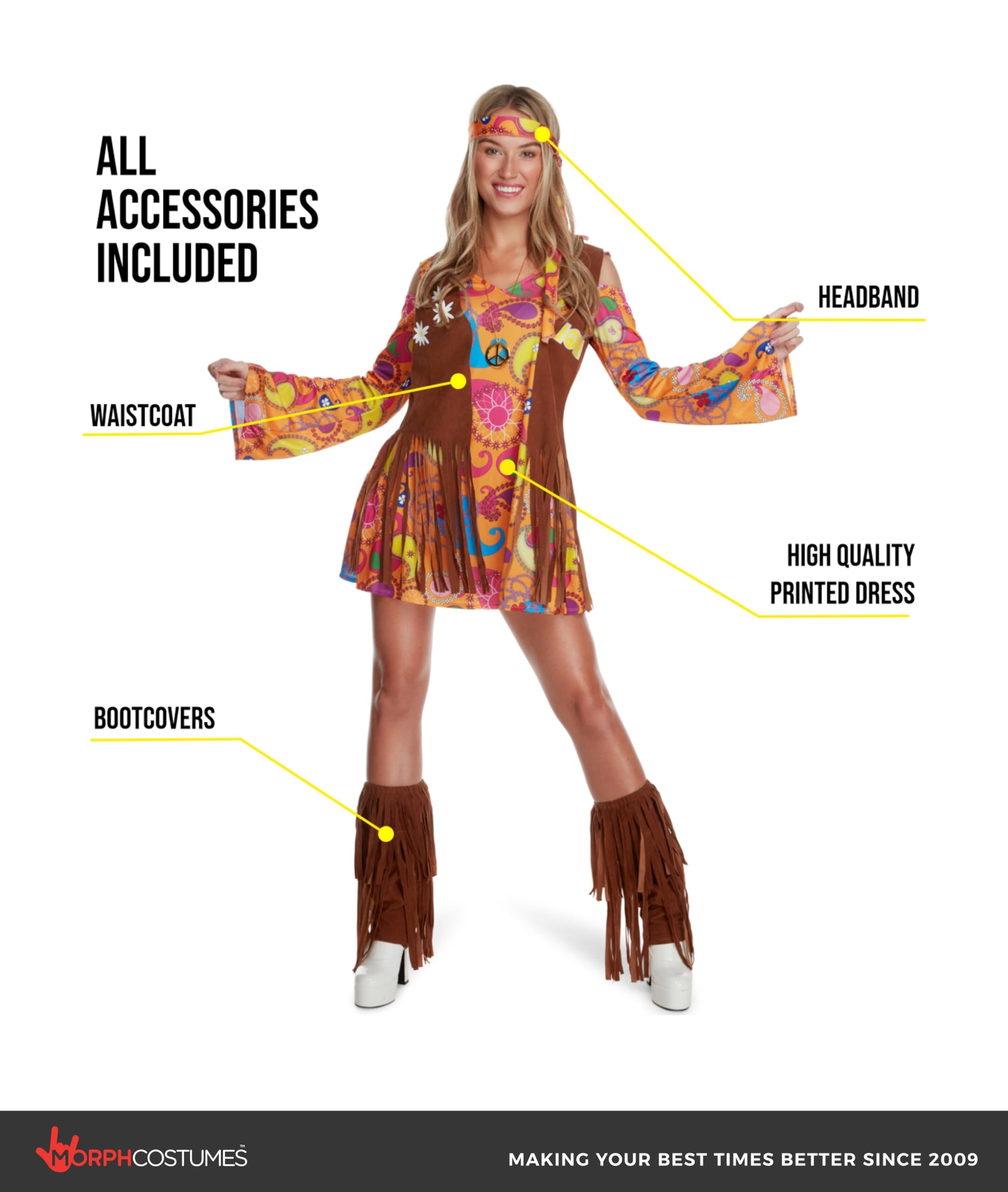 Morph Costume Hippie Donna, Costume Anni 70 Halloween Donna | Abito Paisley, Gilet con Frange & Fascia, Stile Hippie Anni 70, Da Infilare, Perfetto per Halloween, Ideale per Travestirsi
