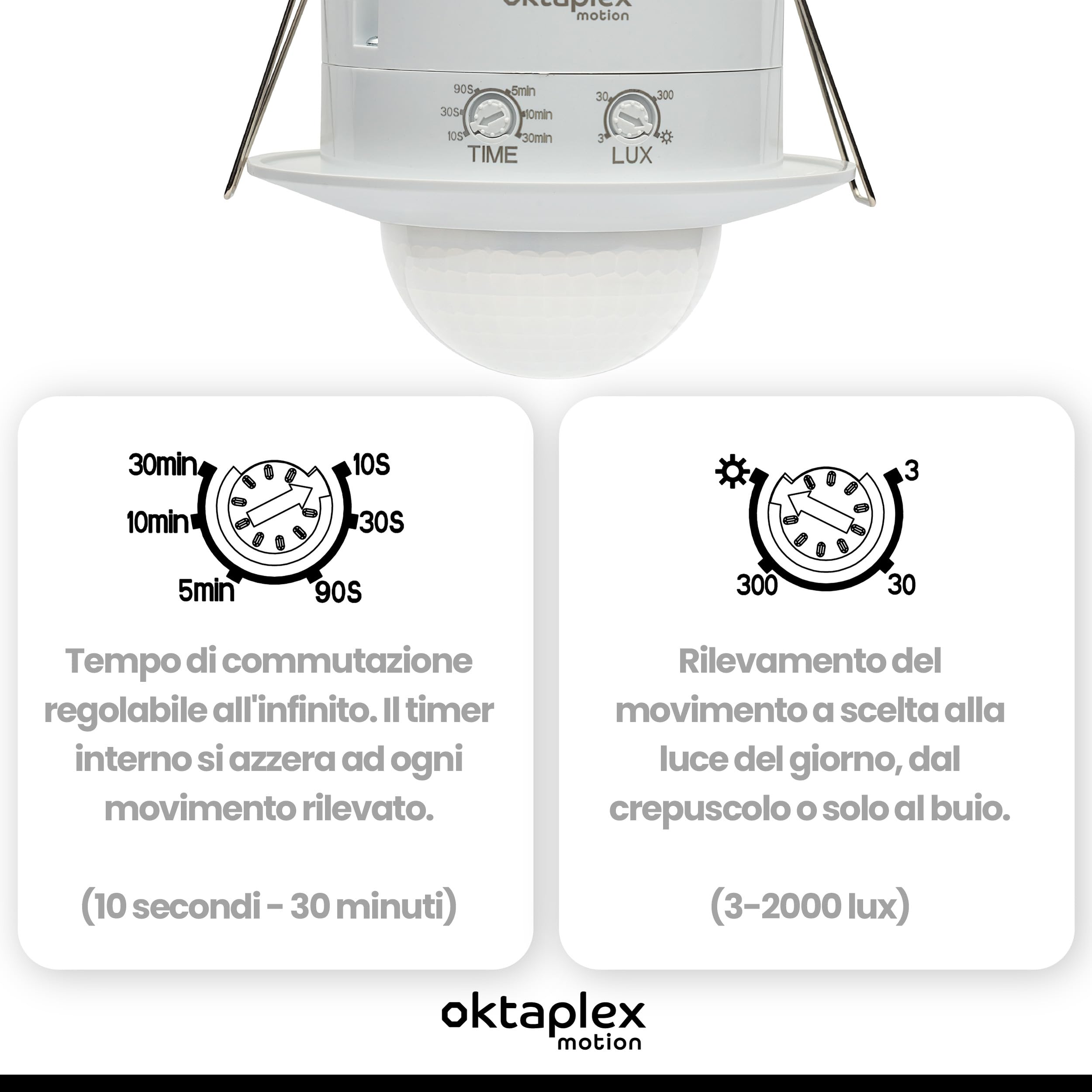 Oktaplex motion Sam - Set di 2 rilevatori di presenza da incasso a 360°, rilevatore di movimento a infrarossi, 230 V, sensore di presenza, da incasso, interno bianco