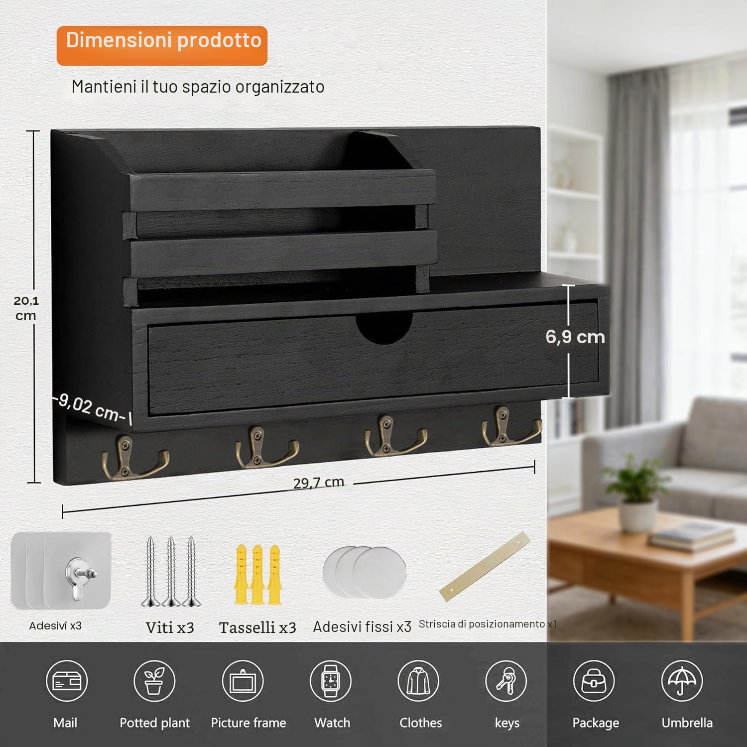 Portachiavi da Parete con Cassetto Portaoggetti, Portachiavi in Legno con 4 Doppio Ganci, Mensola da Parete per Portachiavi, Appendi Chiavi a Muro per Casa, Ingresso, Ufficio - Nero